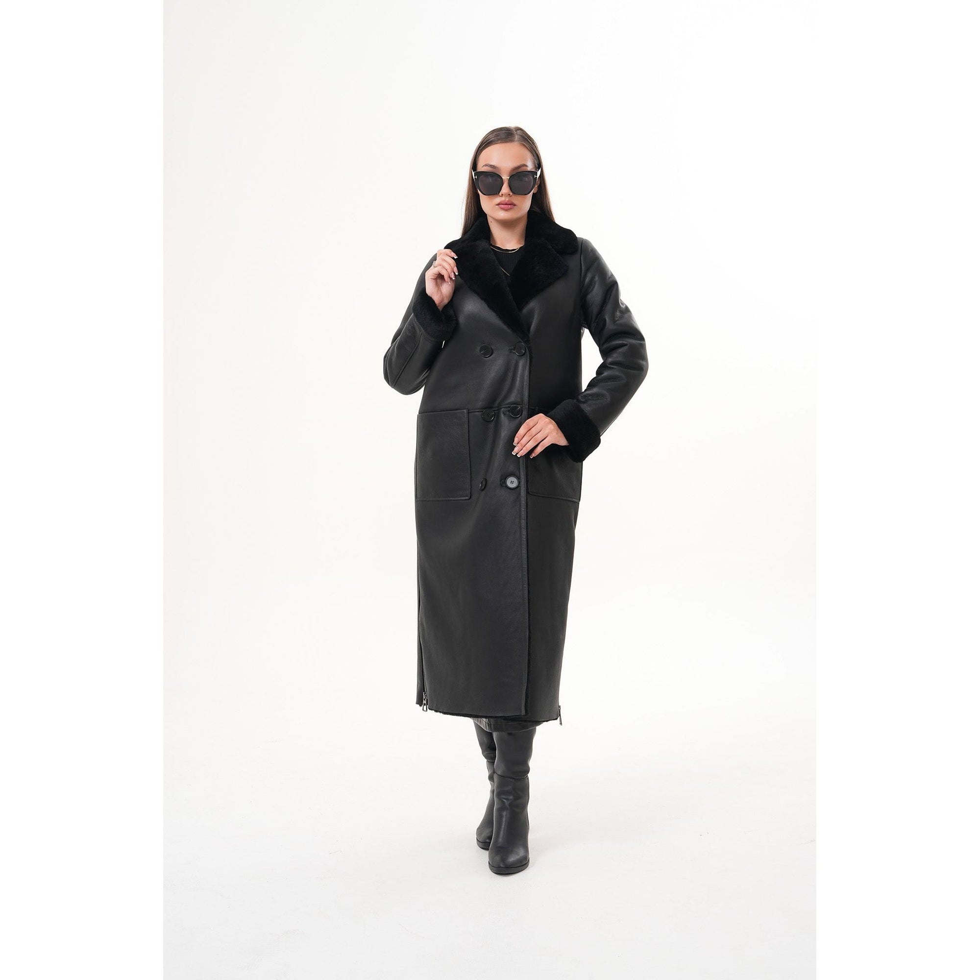 Vinci The Raven Long Shearling Black Leather Women Leather Jacket