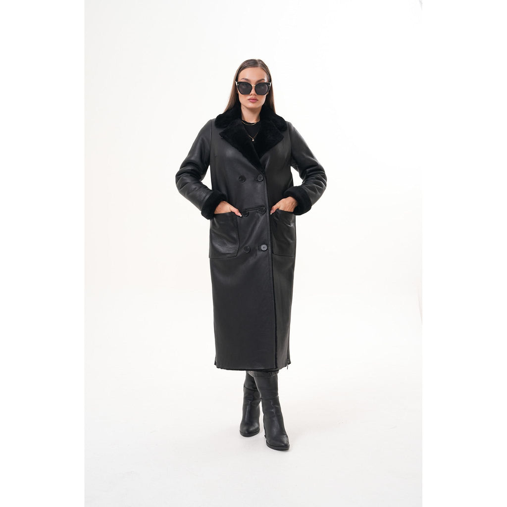 Vinci The Raven Long Shearling Black Leather Women Leather Jacket