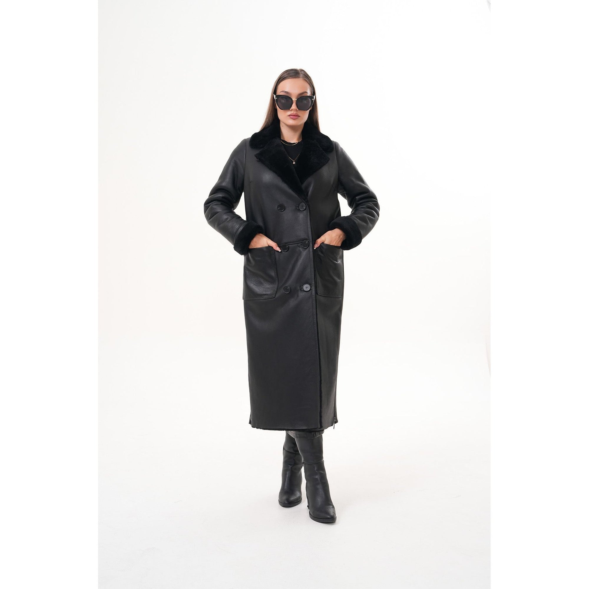 Vinci The Raven Long Shearling Black Leather Women Leather Jacket