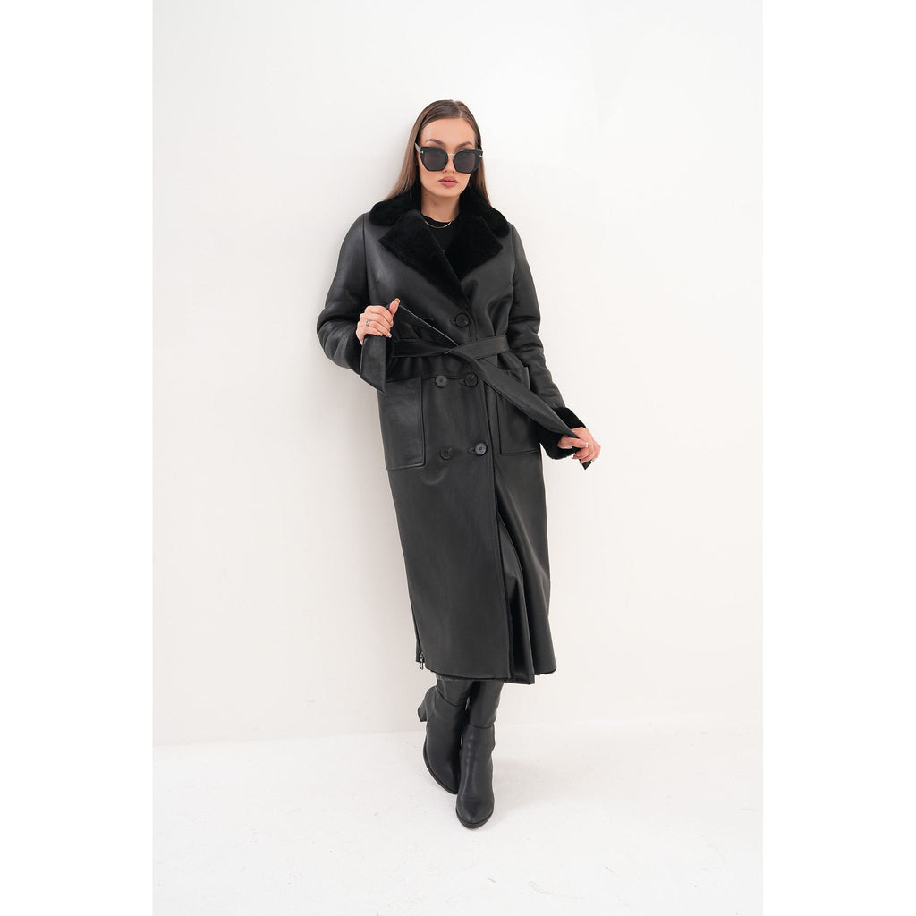 Vinci The Raven Long Shearling Black Leather Women Leather Jacket