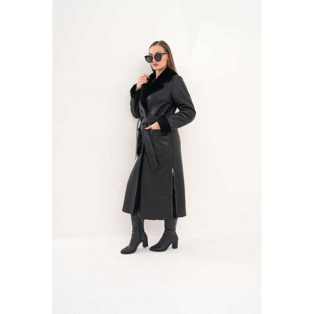 Vinci The Raven Long Shearling Black Leather Women Leather Jacket