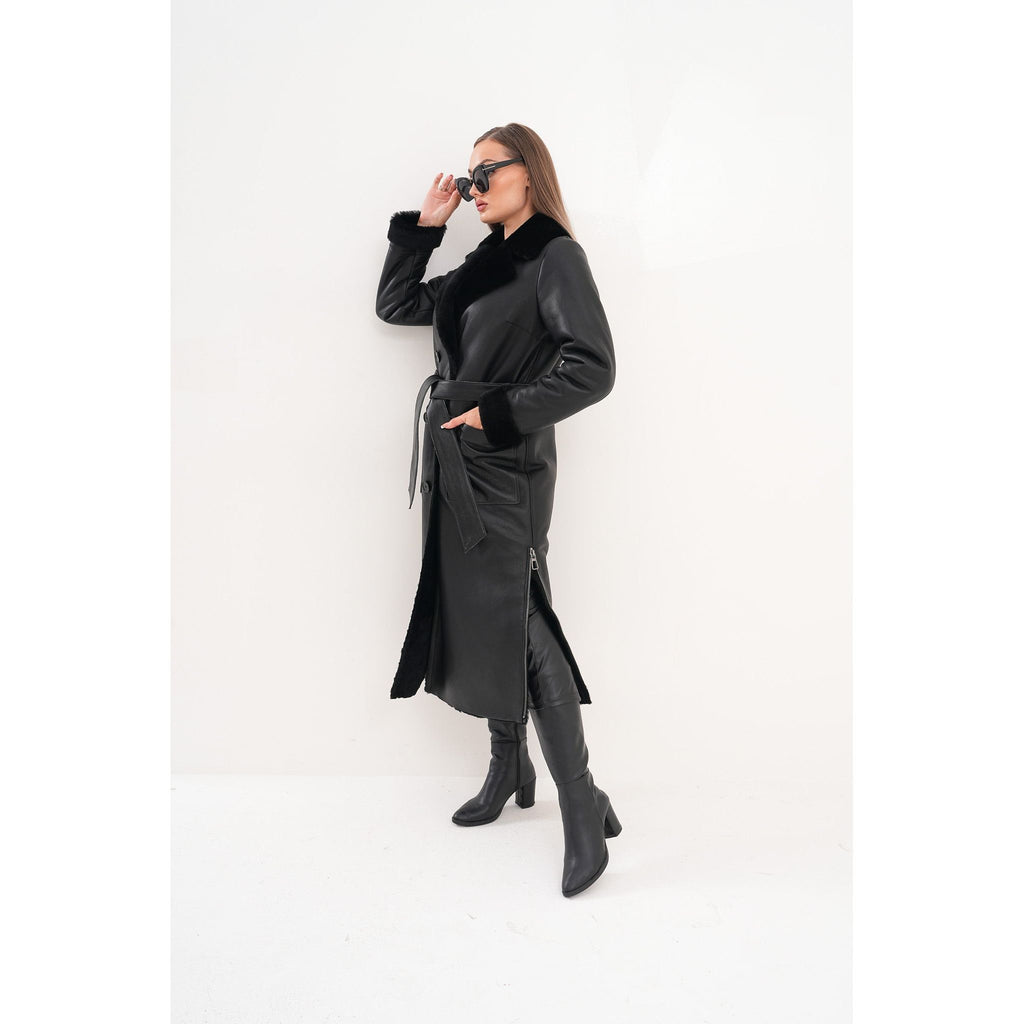 Vinci The Raven Long Shearling Black Leather Women Leather Jacket