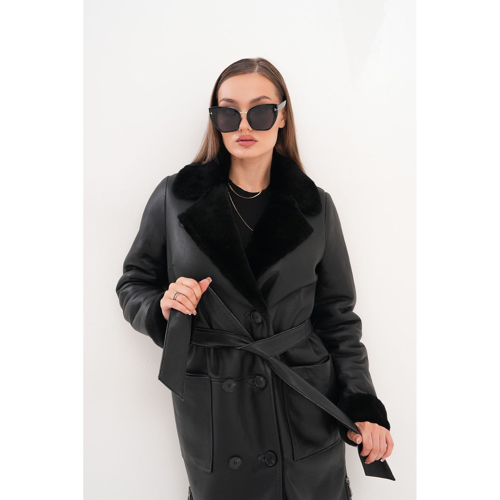 Vinci The Raven Long Shearling Black Leather Women Leather Jacket