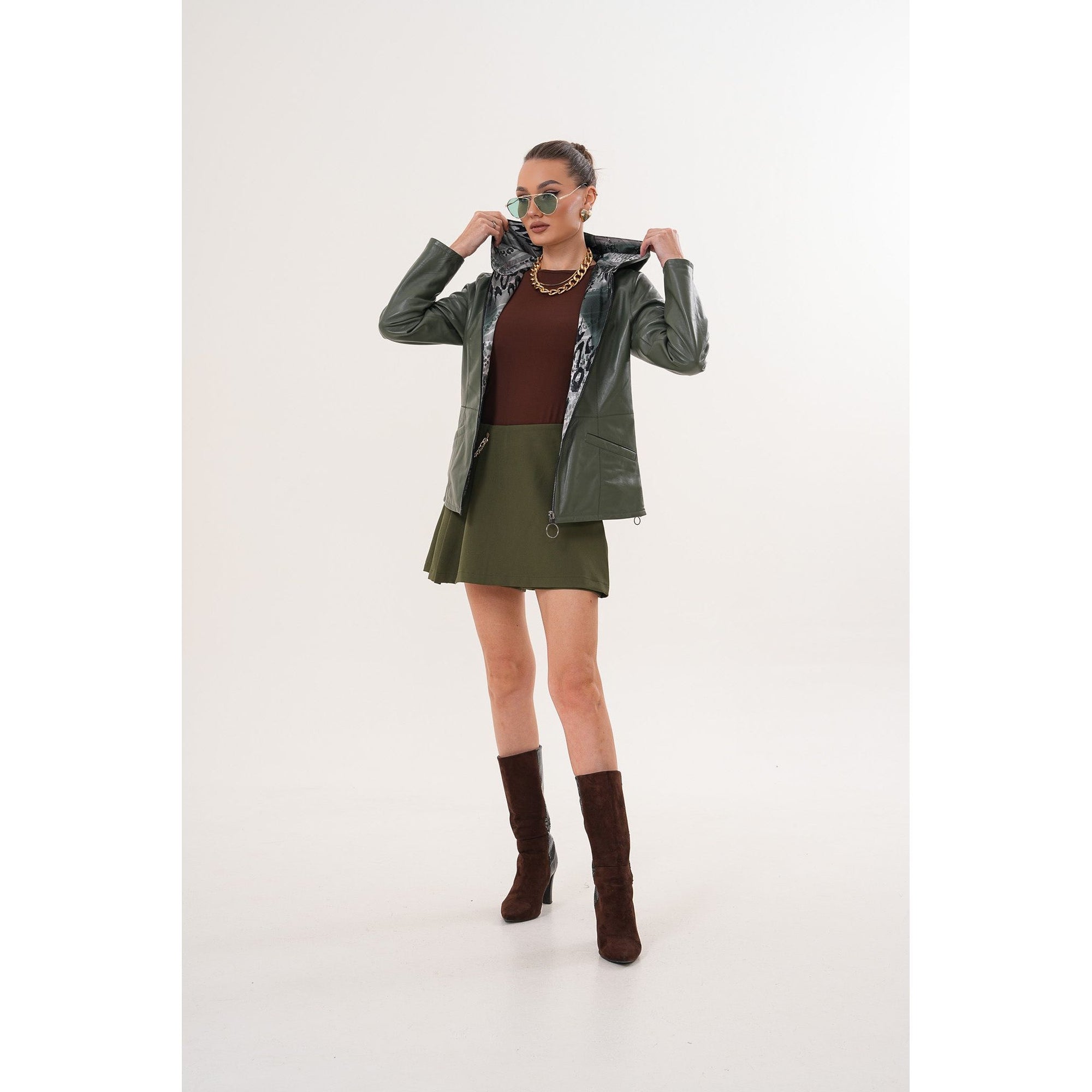 The Avelyn Reversible Olive Green Leather Women Jacket