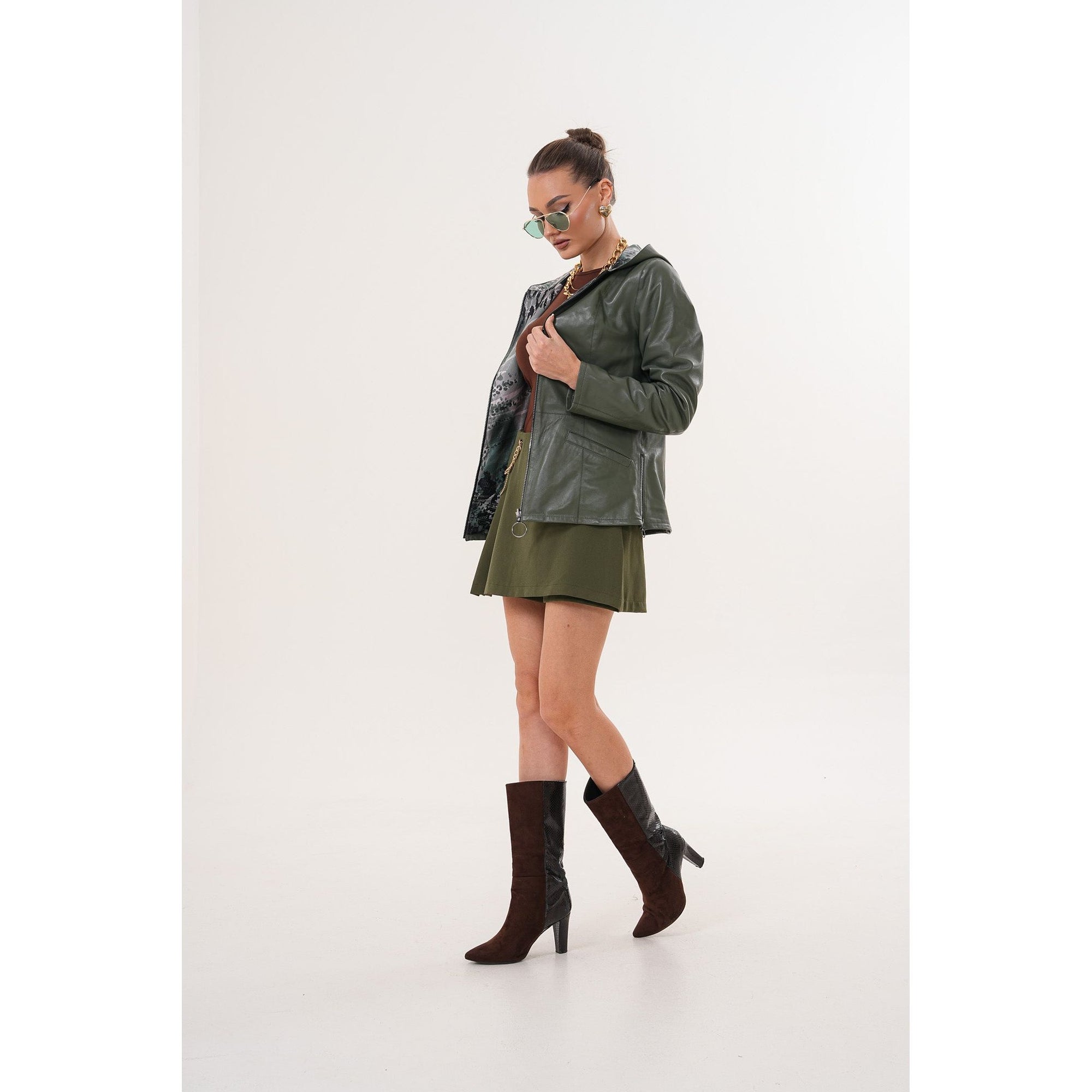 The Avelyn Reversible Olive Green Leather Women Jacket