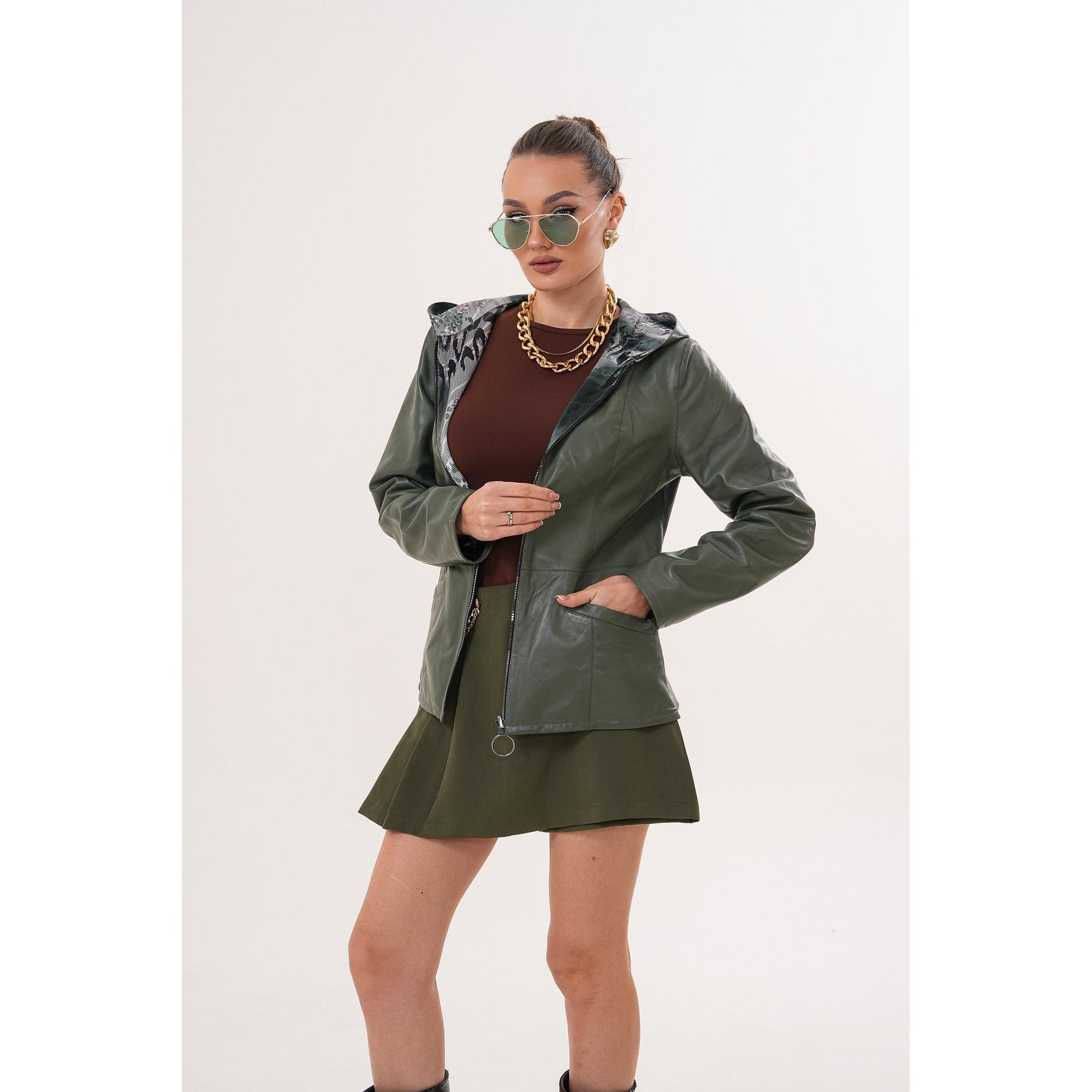 The Avelyn Reversible Olive Green Leather Women Jacket