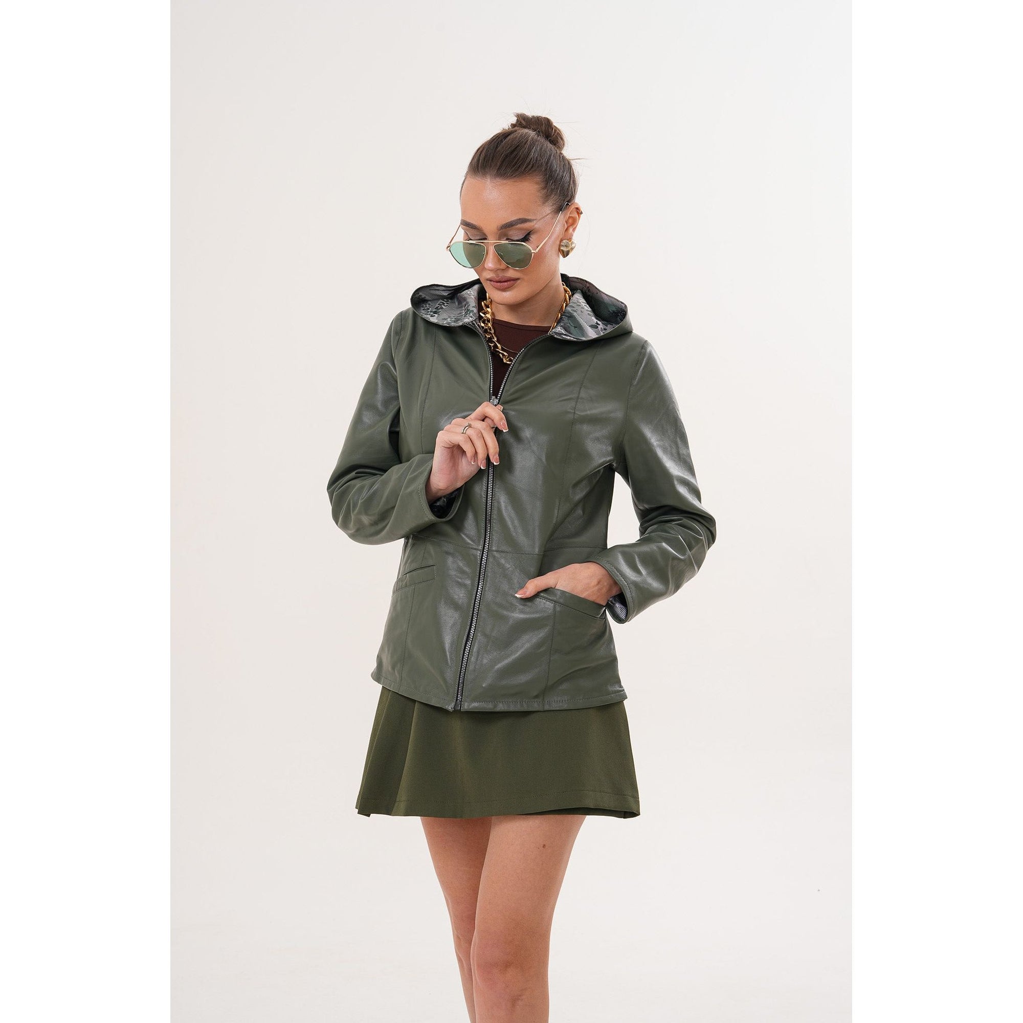 The Avelyn Reversible Olive Green Leather Women Jacket