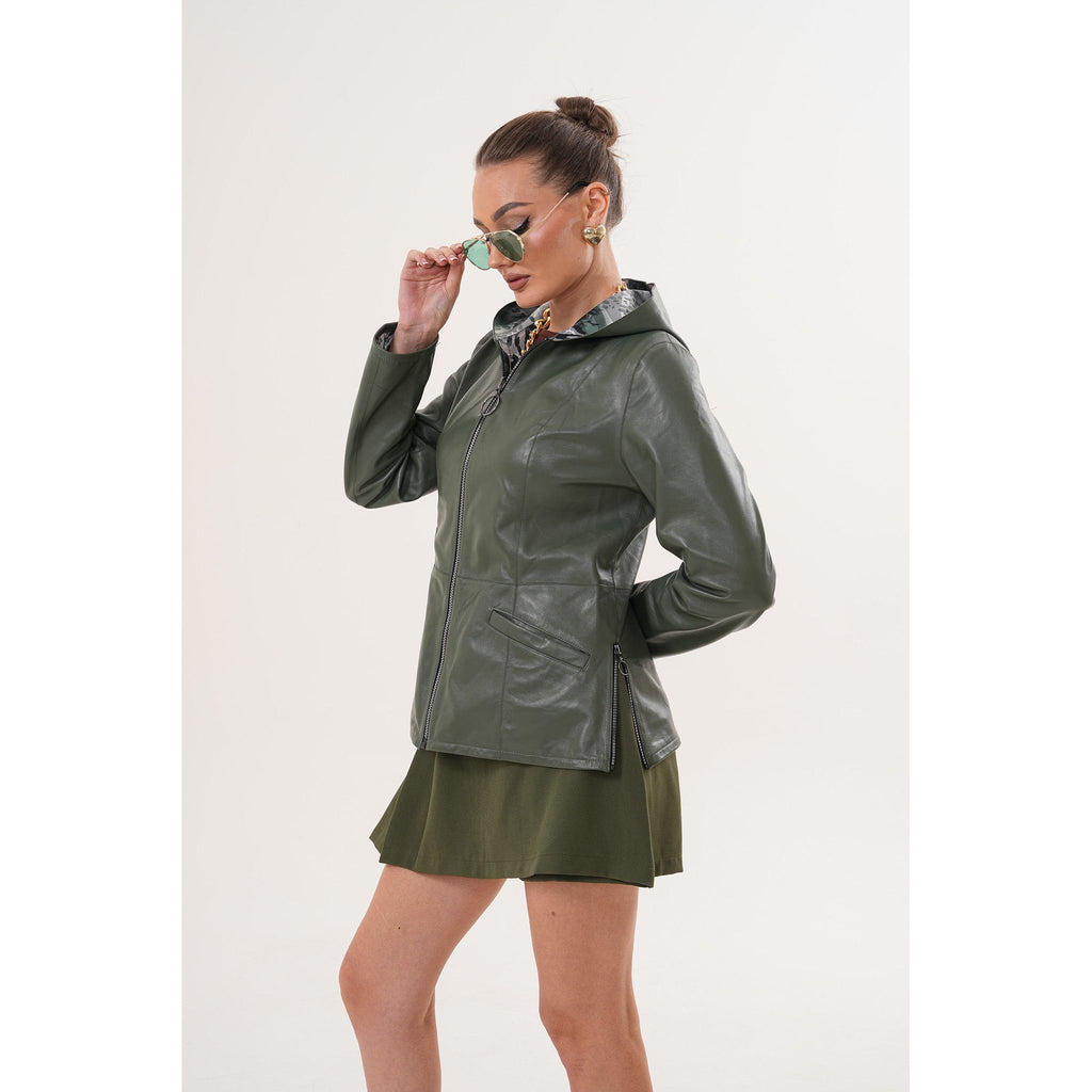 The Avelyn Reversible Olive Green Leather Women Jacket