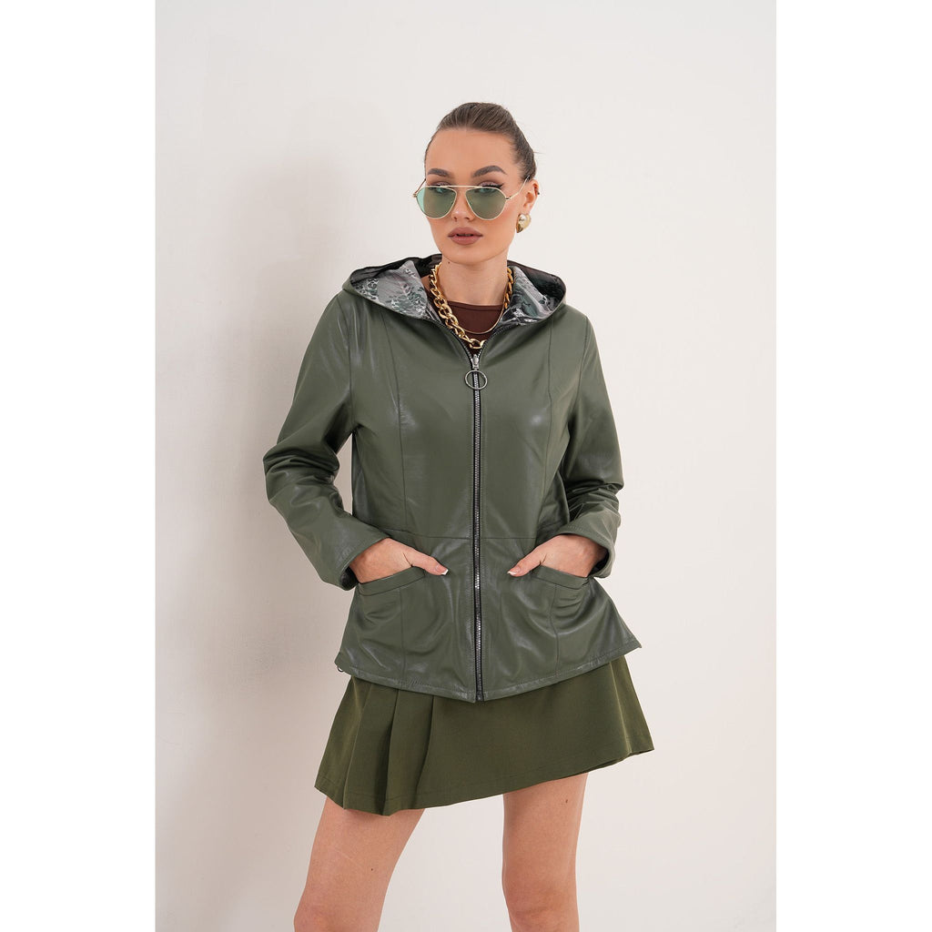 The Avelyn Reversible Olive Green Leather Women Jacket