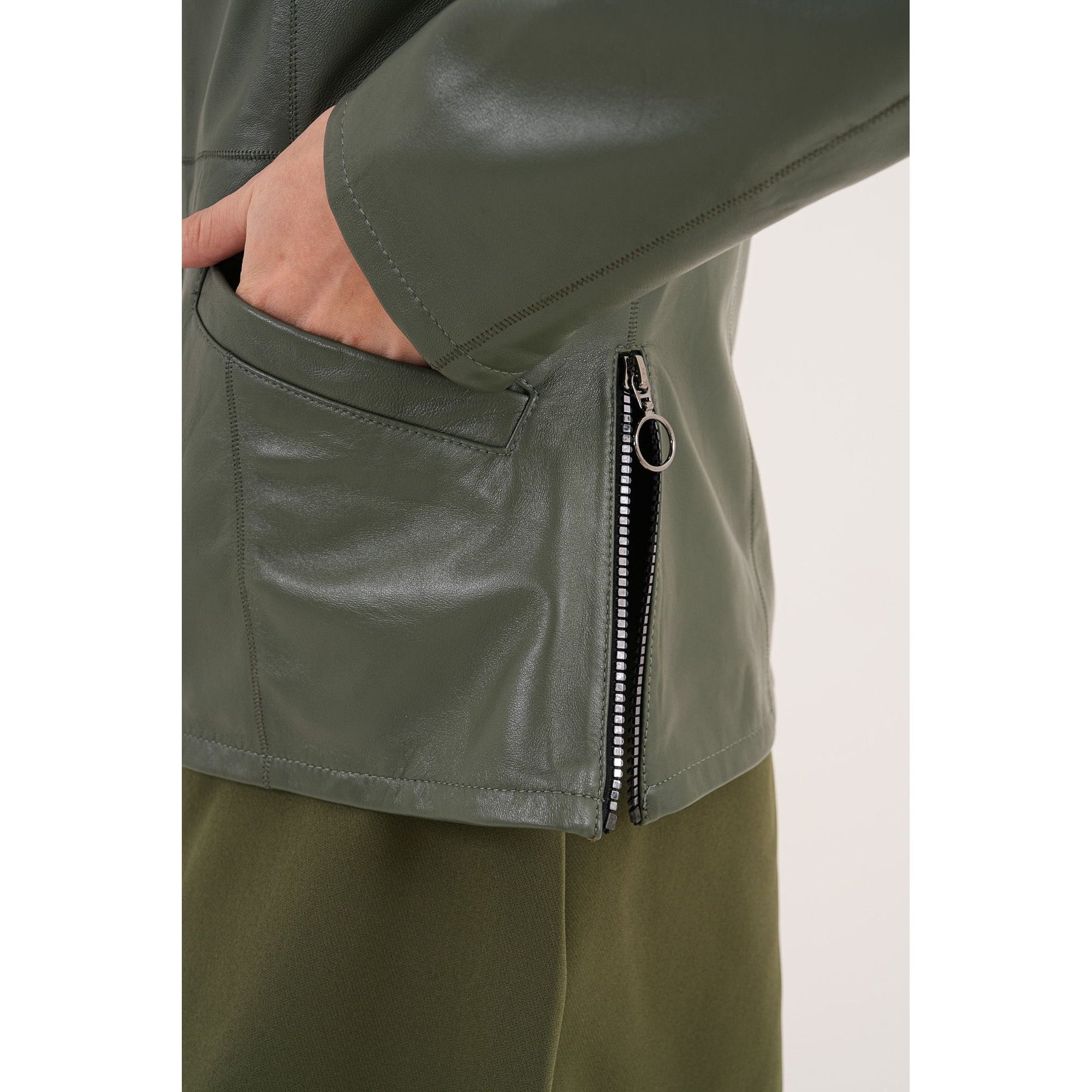 The Avelyn Reversible Olive Green Leather Women Jacket