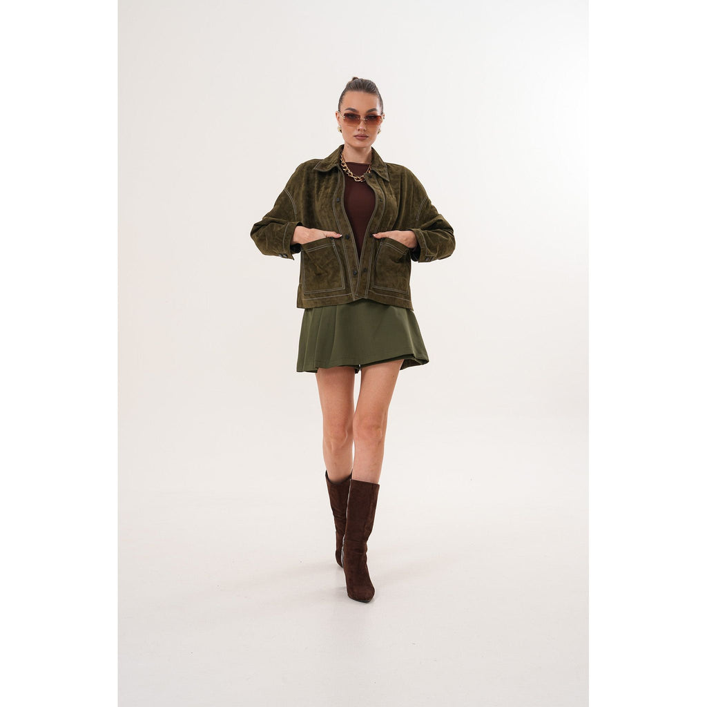 The Solviera Reversible Olive Suede Leather Jacket