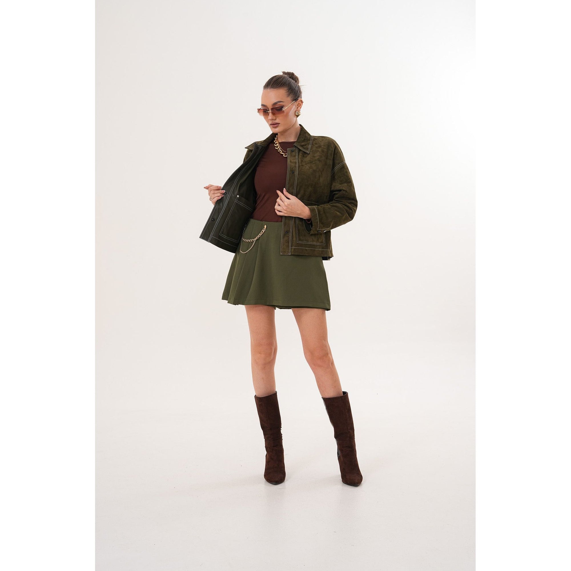 The Solviera Reversible Olive Suede Leather Jacket