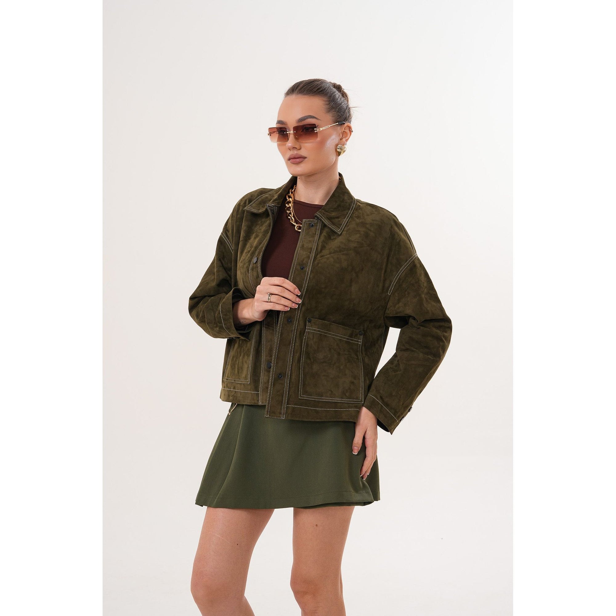 The Solviera Reversible Olive Suede Leather Jacket