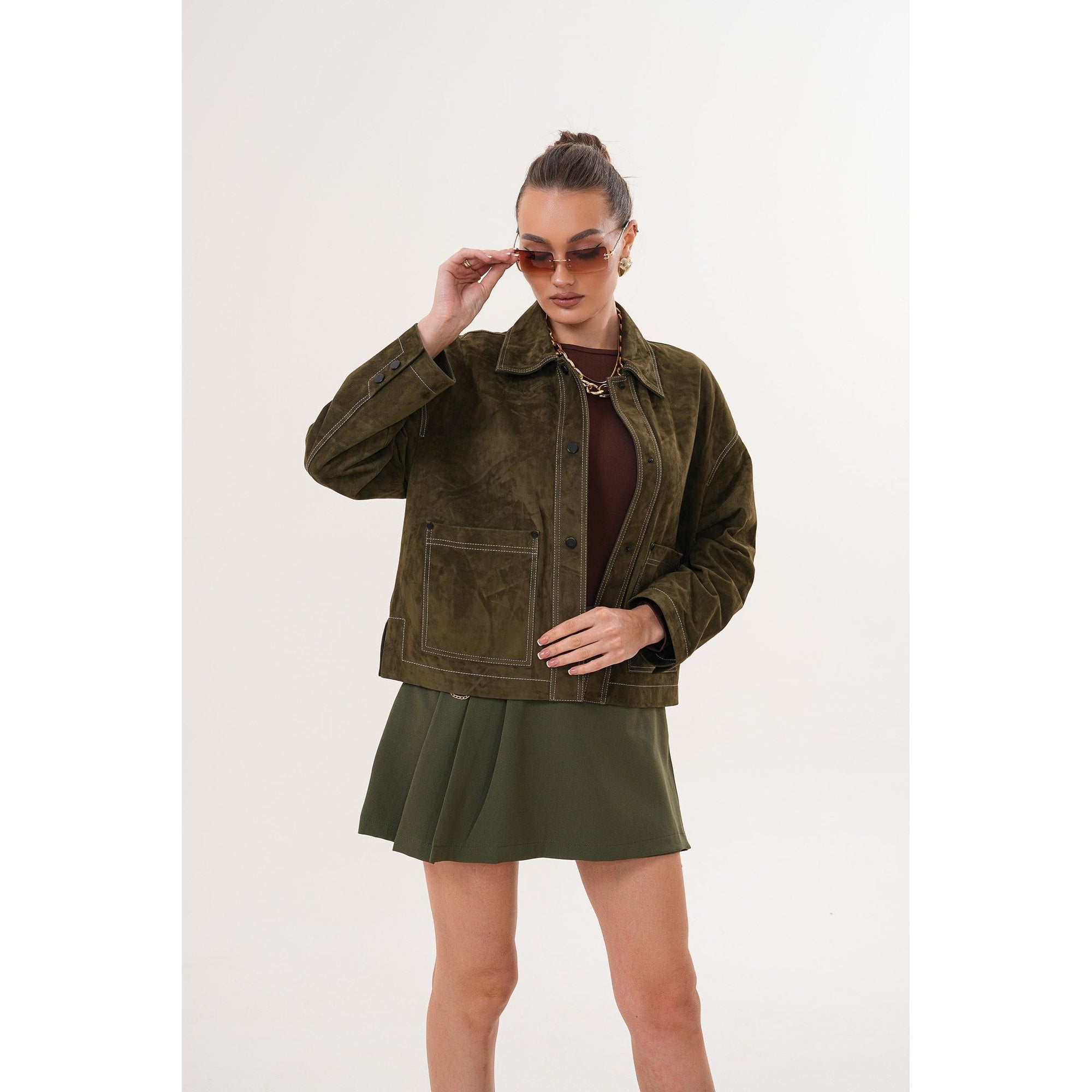 The Solviera Reversible Olive Suede Leather Jacket