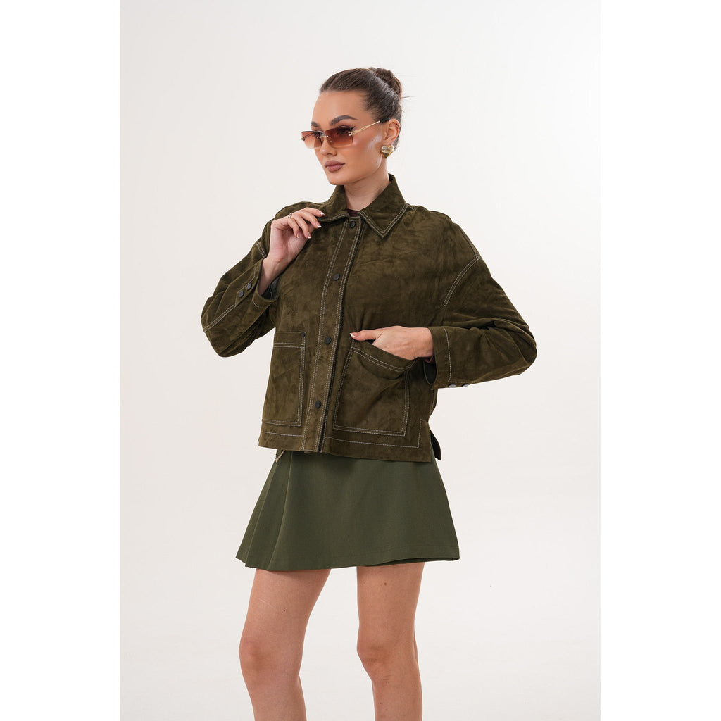 The Solviera Reversible Olive Suede Leather Jacket