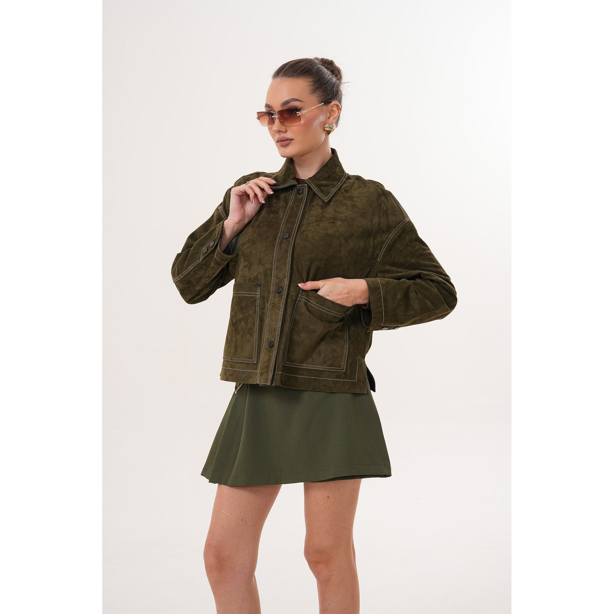The Solviera Reversible Olive Suede Leather Jacket