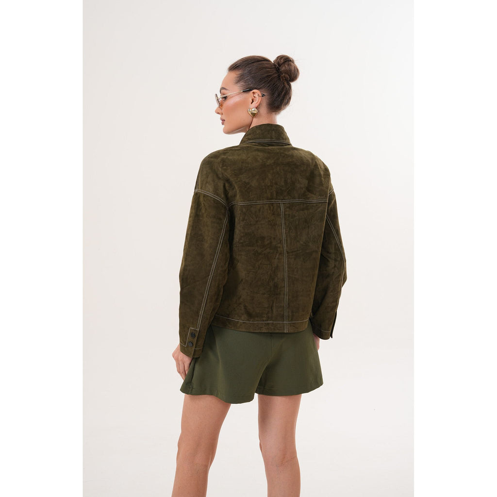 The Solviera Reversible Olive Suede Leather Jacket
