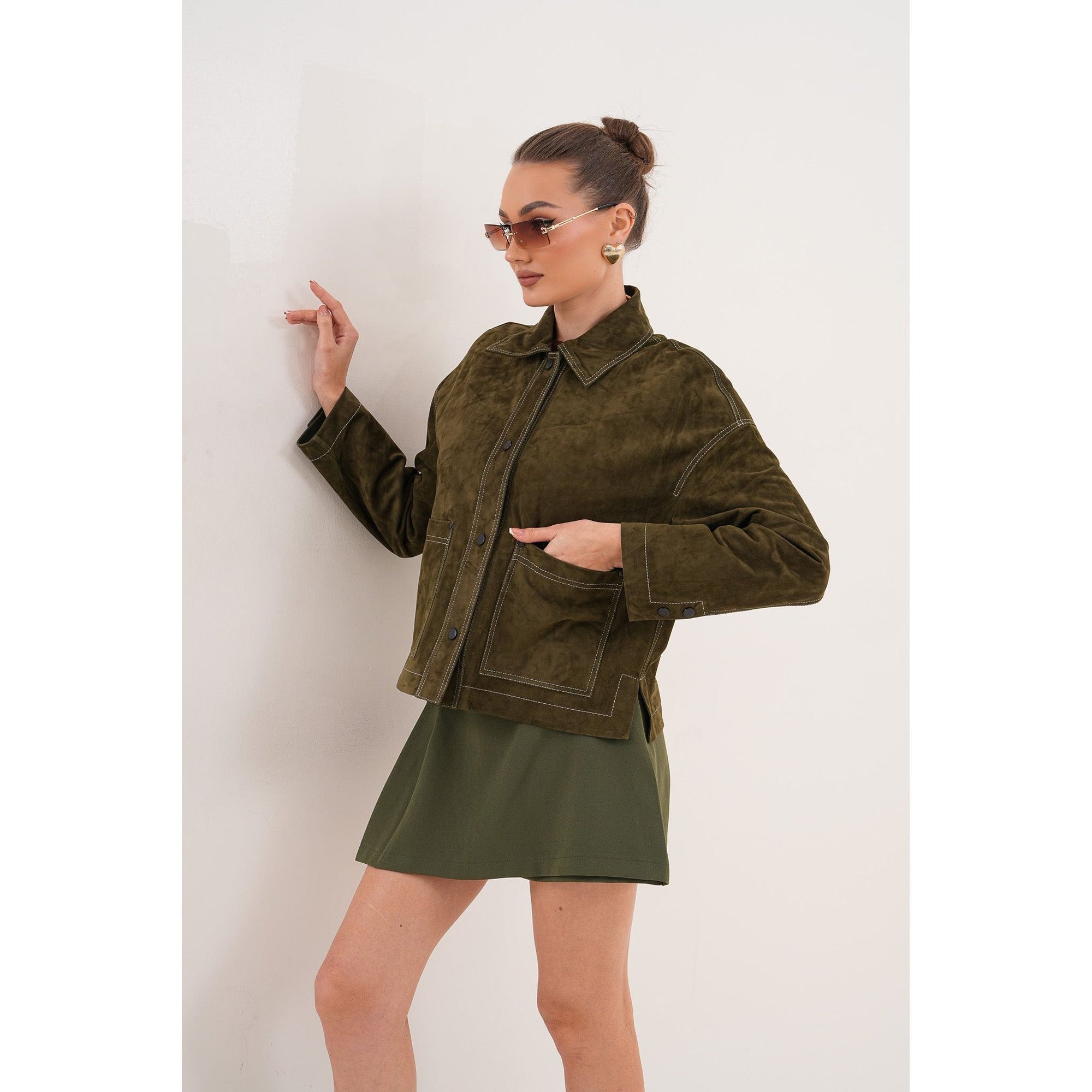 The Solviera Reversible Olive Suede Leather Jacket