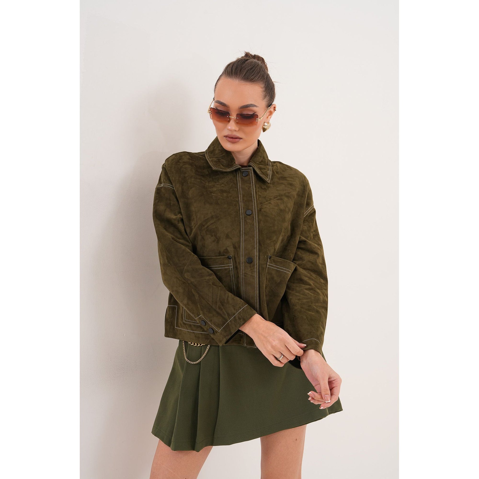 The Solviera Reversible Olive Suede Leather Jacket