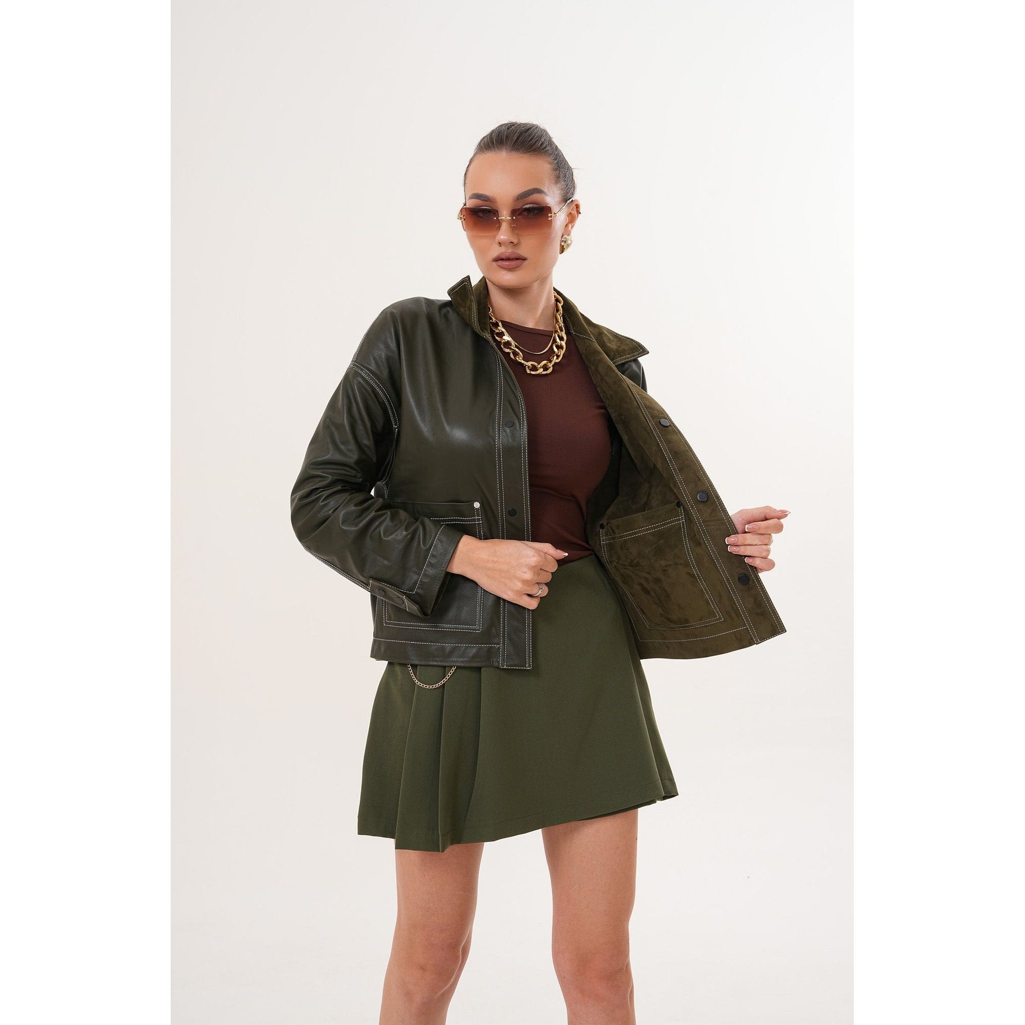 The Solviera Reversible Olive Suede Leather Jacket