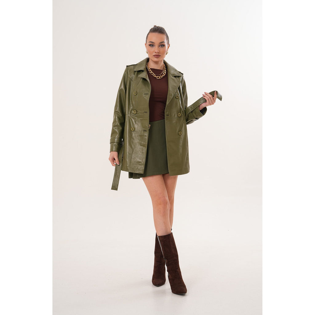 The Caelith Olive Green Leather Women Trench Jacket