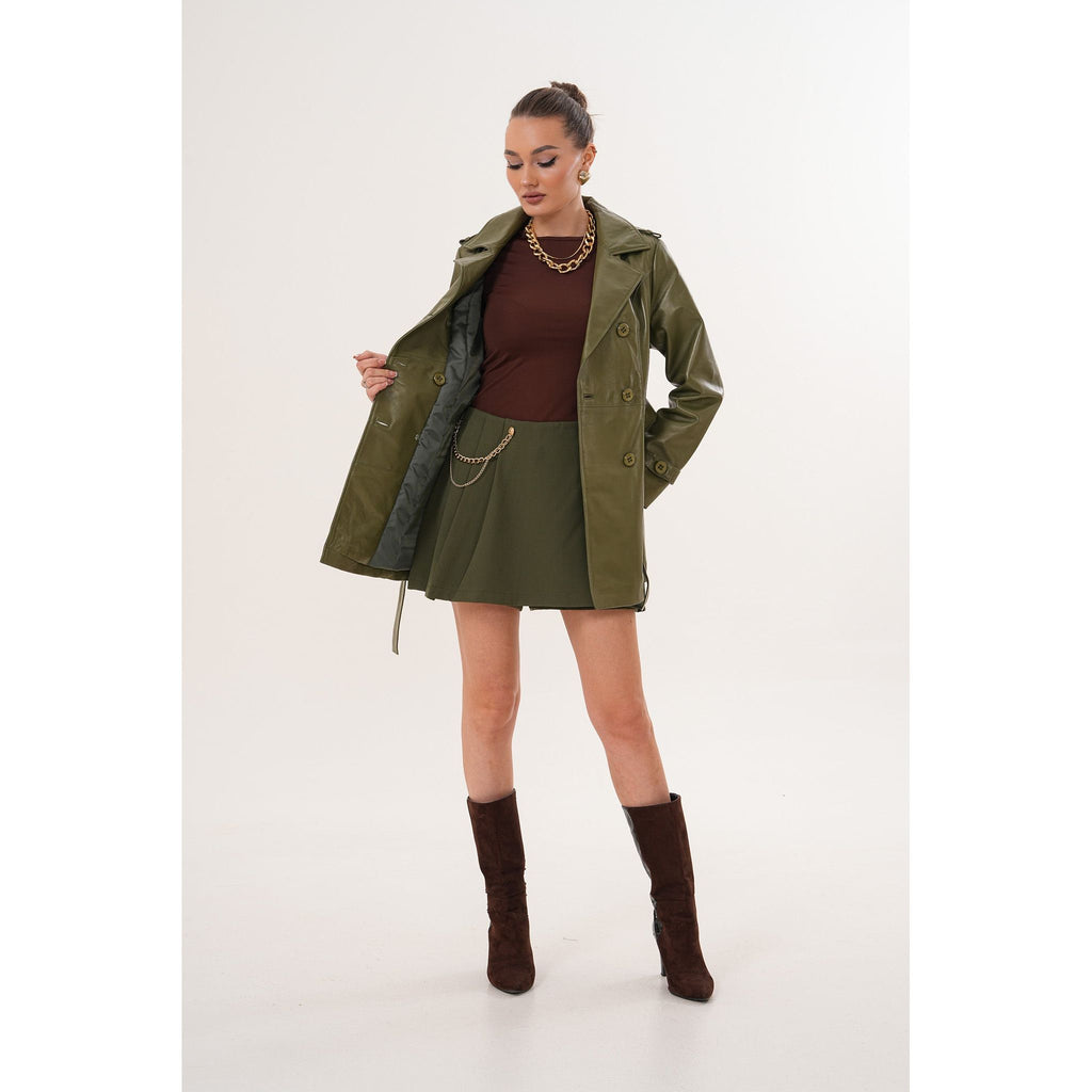 The Caelith Olive Green Leather Women Trench Jacket