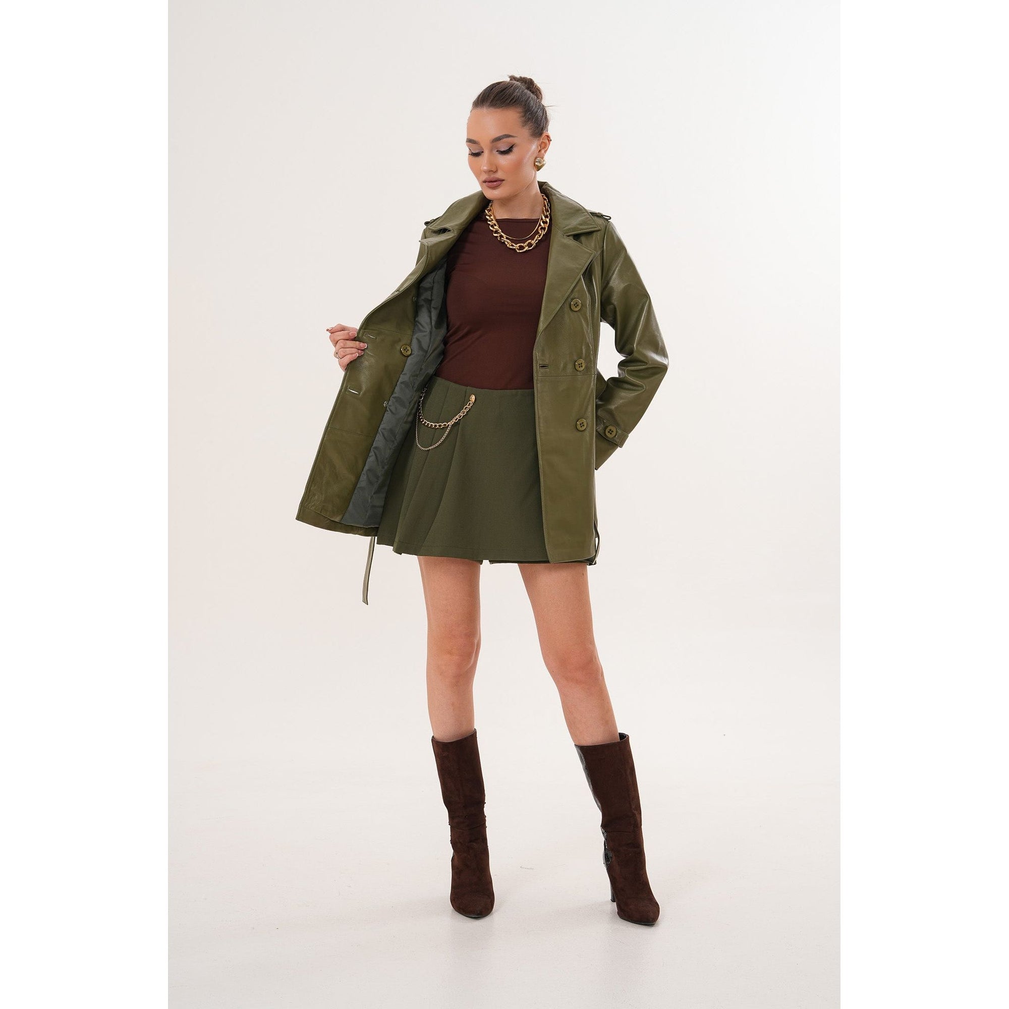 The Caelith Olive Green Leather Women Trench Jacket