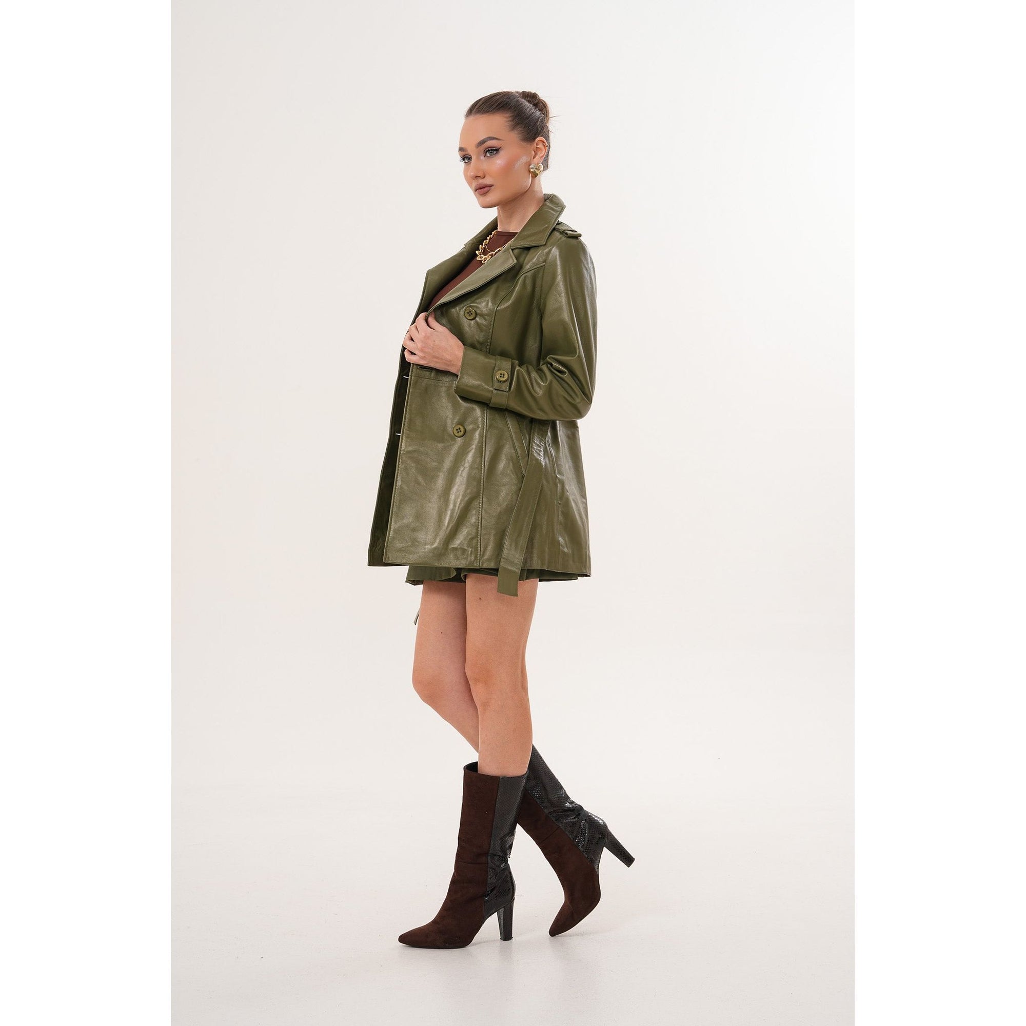 The Caelith Olive Green Leather Women Trench Jacket