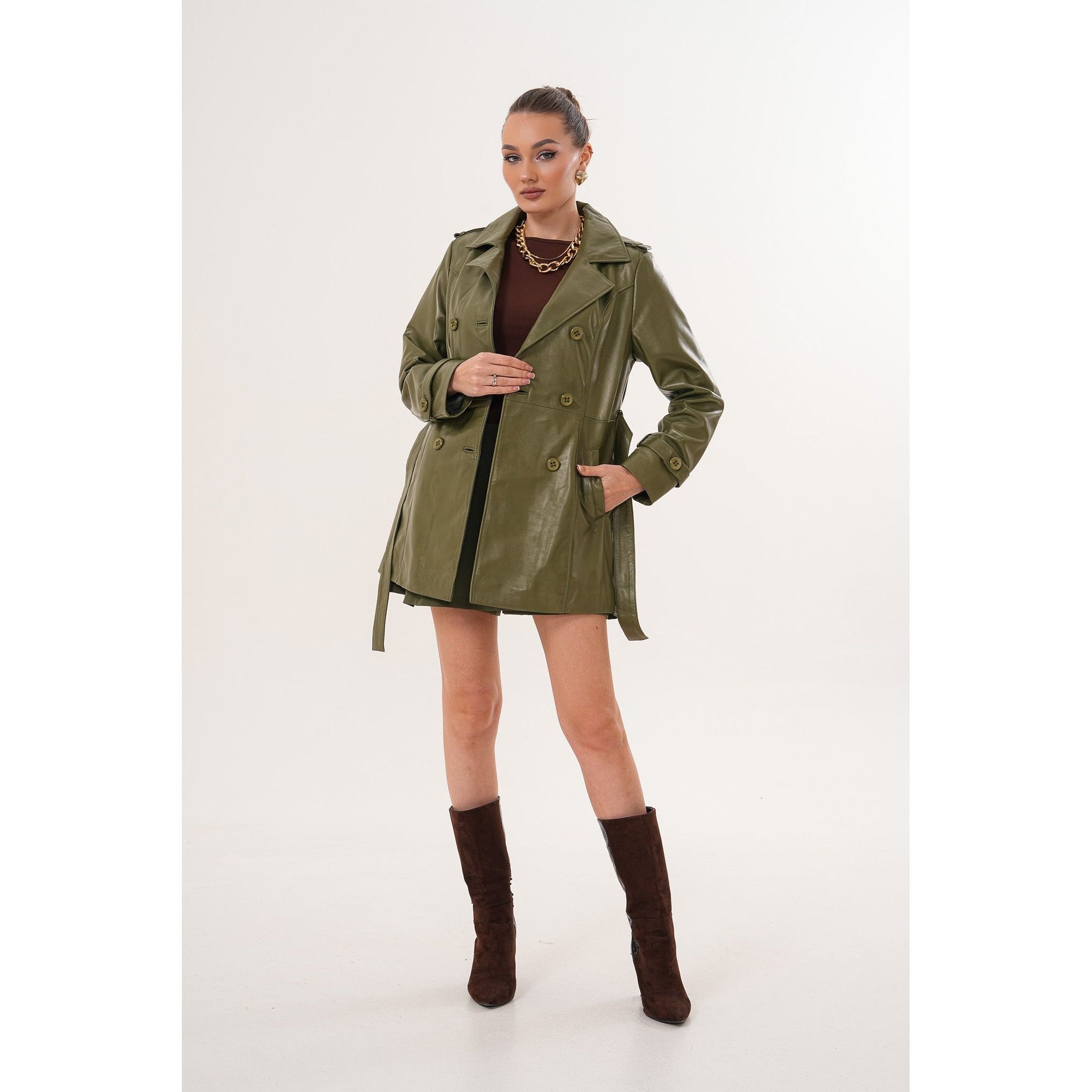 The Caelith Olive Green Leather Women Trench Jacket