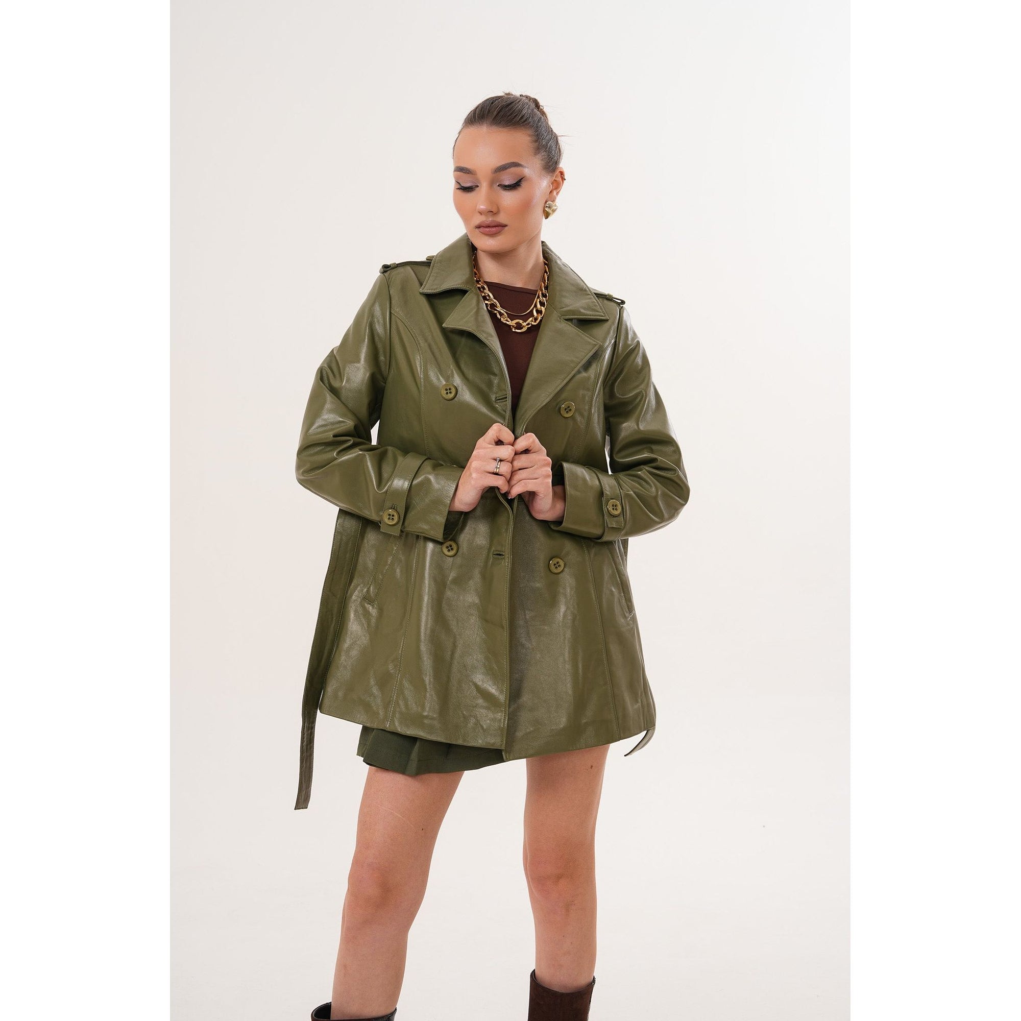 The Caelith Olive Green Leather Women Trench Jacket