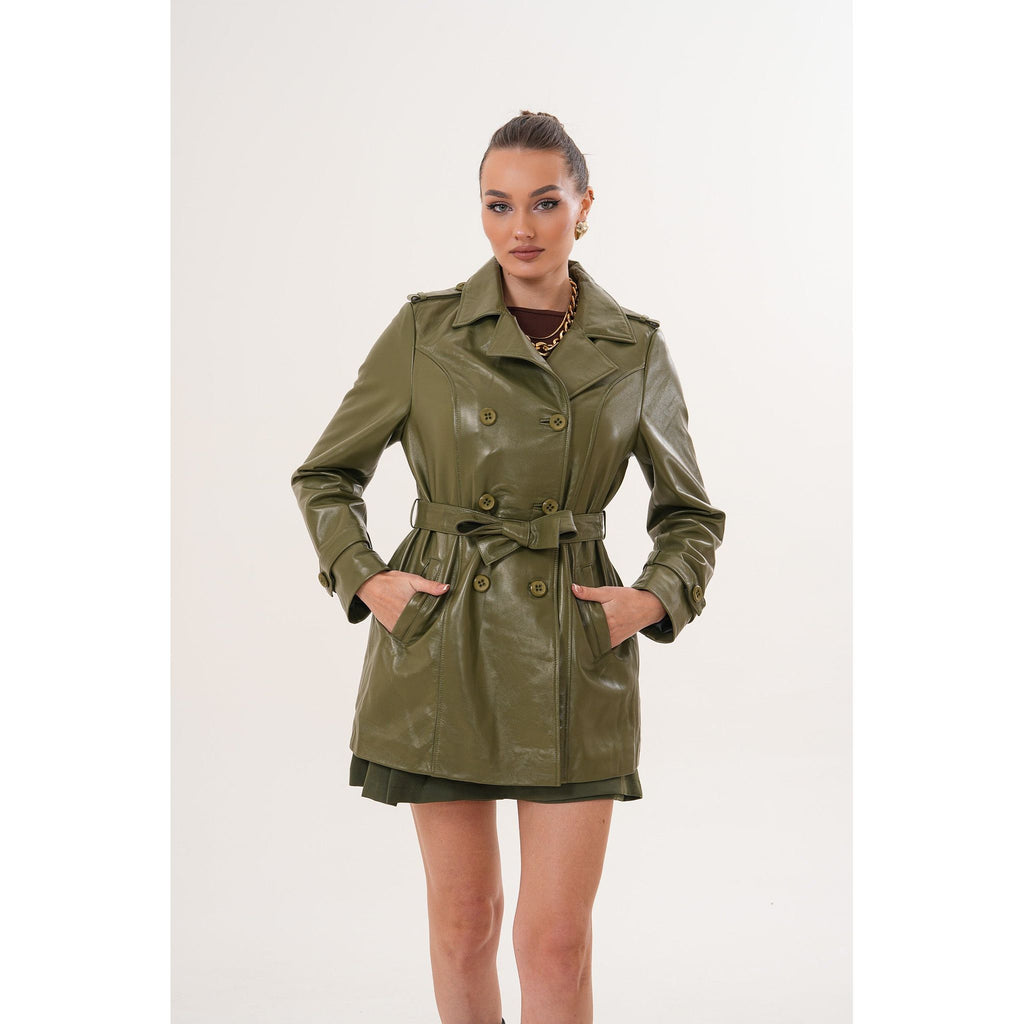 The Caelith Olive Green Leather Women Trench Jacket