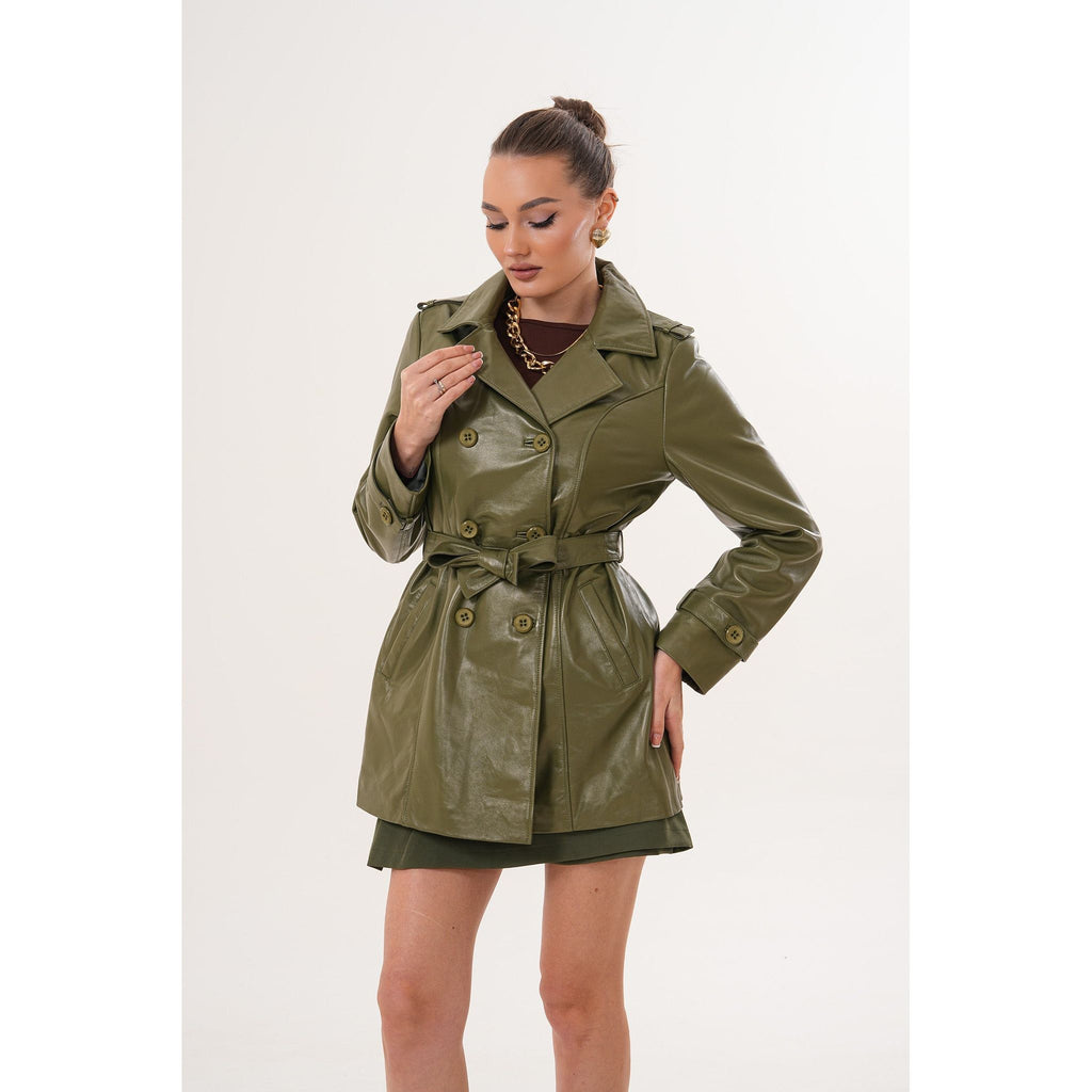 The Caelith Olive Green Leather Women Trench Jacket