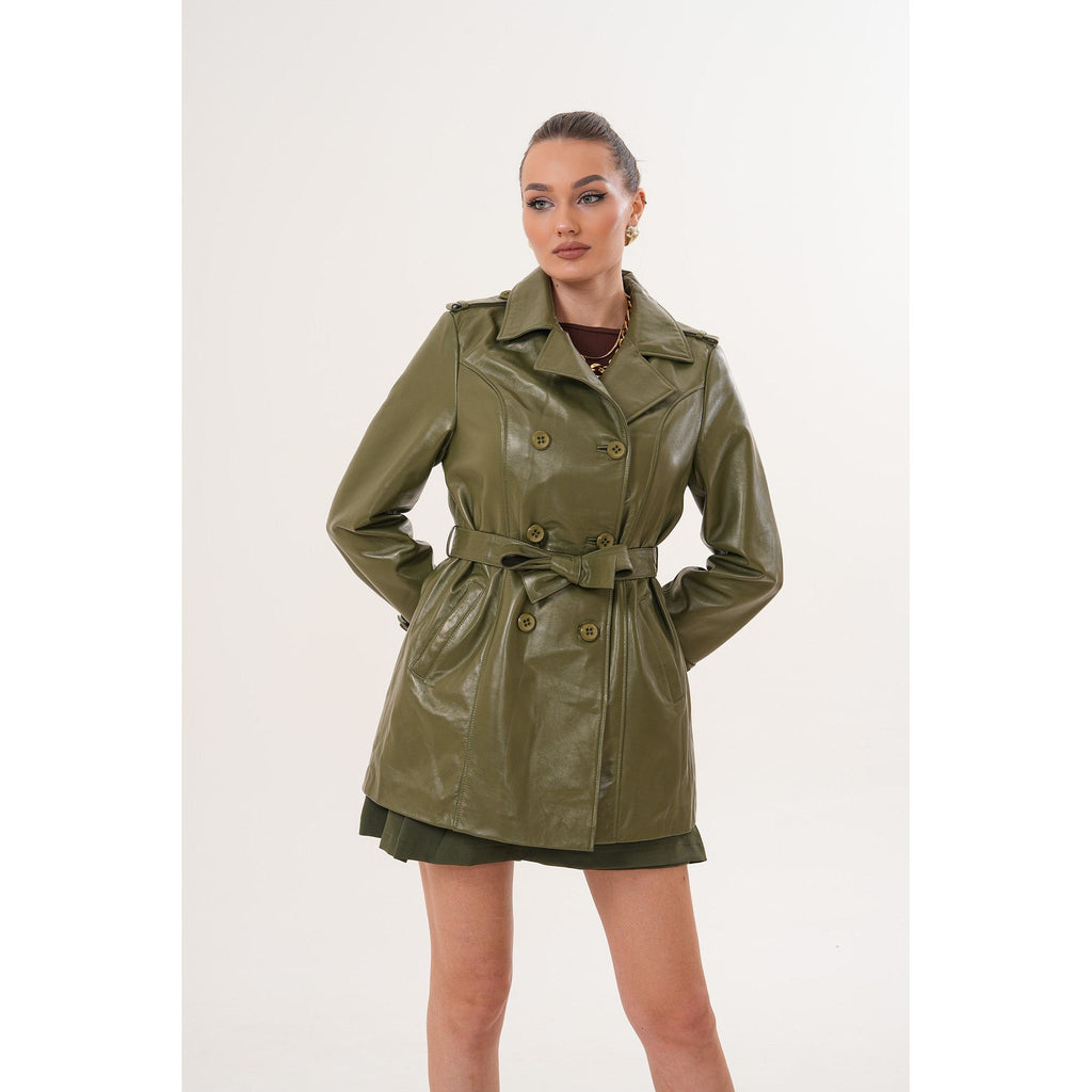 The Caelith Olive Green Leather Women Trench Jacket