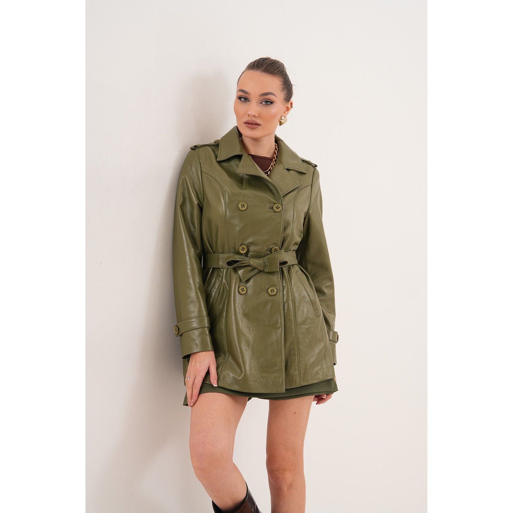 The Caelith Olive Green Leather Women Trench Jacket