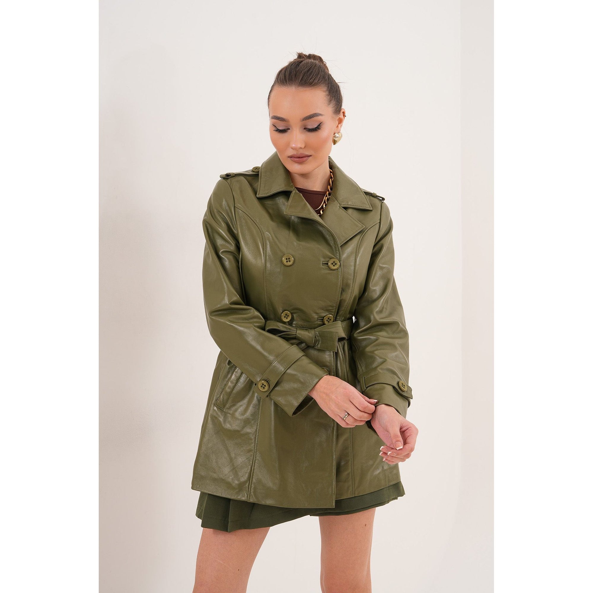 The Caelith Olive Green Leather Women Trench Jacket