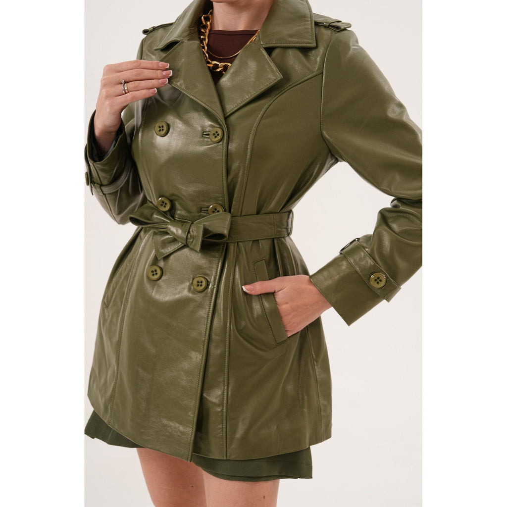 The Caelith Olive Green Leather Women Trench Jacket
