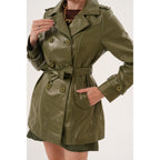 The Caelith Olive Green Leather Women Trench Jacket