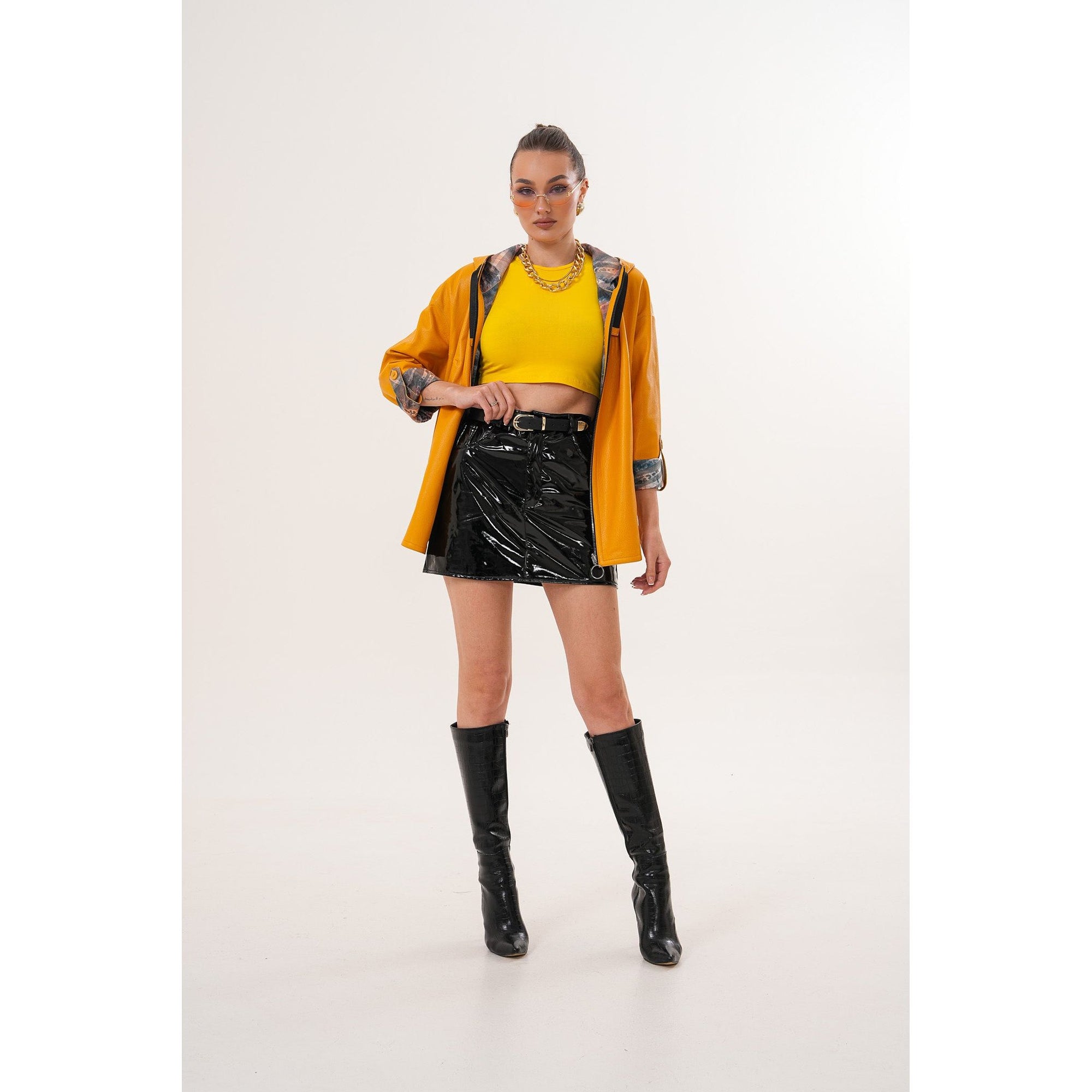 The Nyxara Reversible Hooded Mustard Yellow Leather Jacket