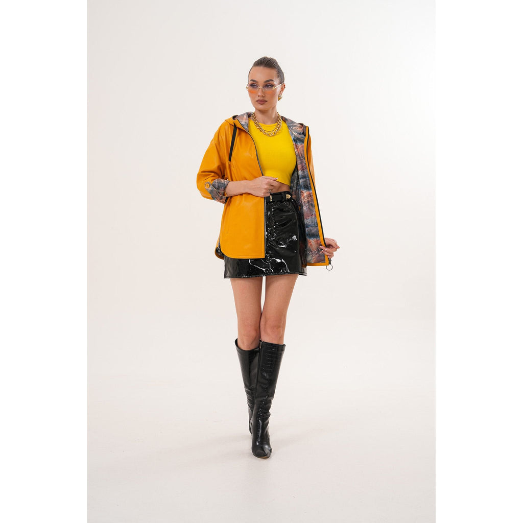 The Nyxara Reversible Hooded Mustard Yellow Leather Jacket