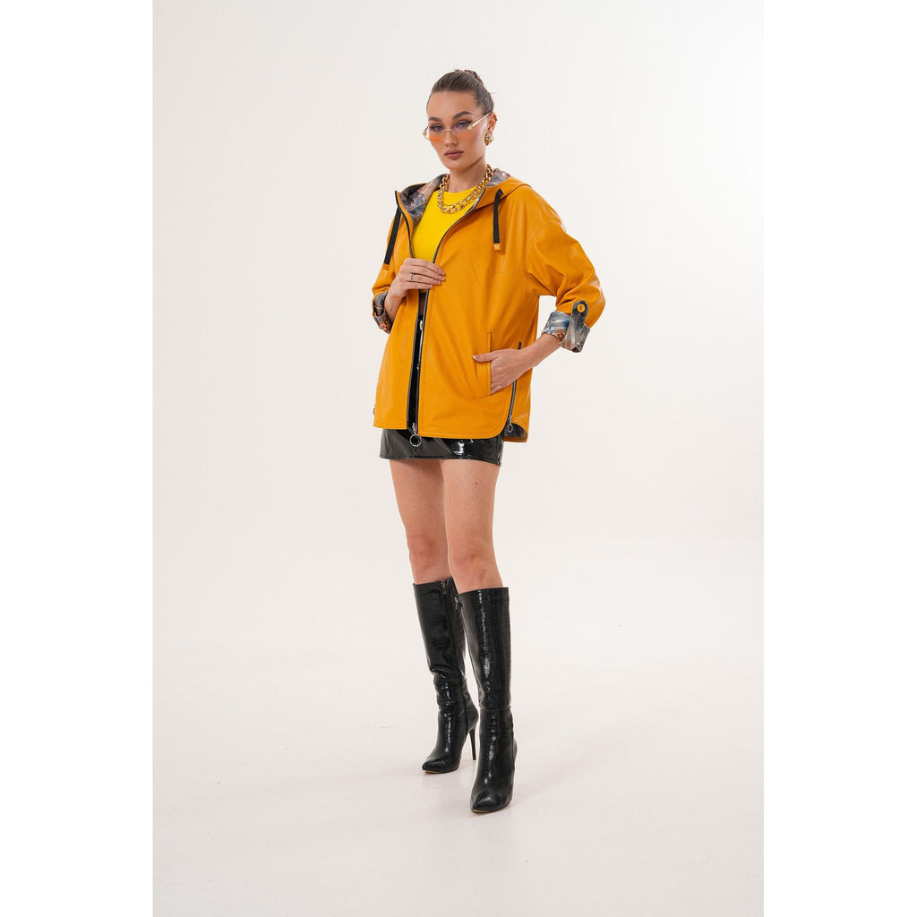 The Nyxara Reversible Hooded Mustard Yellow Leather Jacket