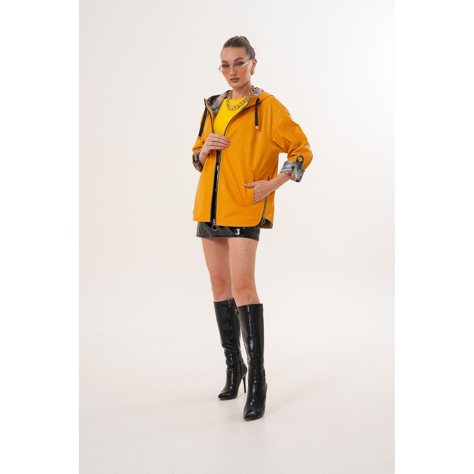The Nyxara Reversible Hooded Mustard Yellow Leather Jacket