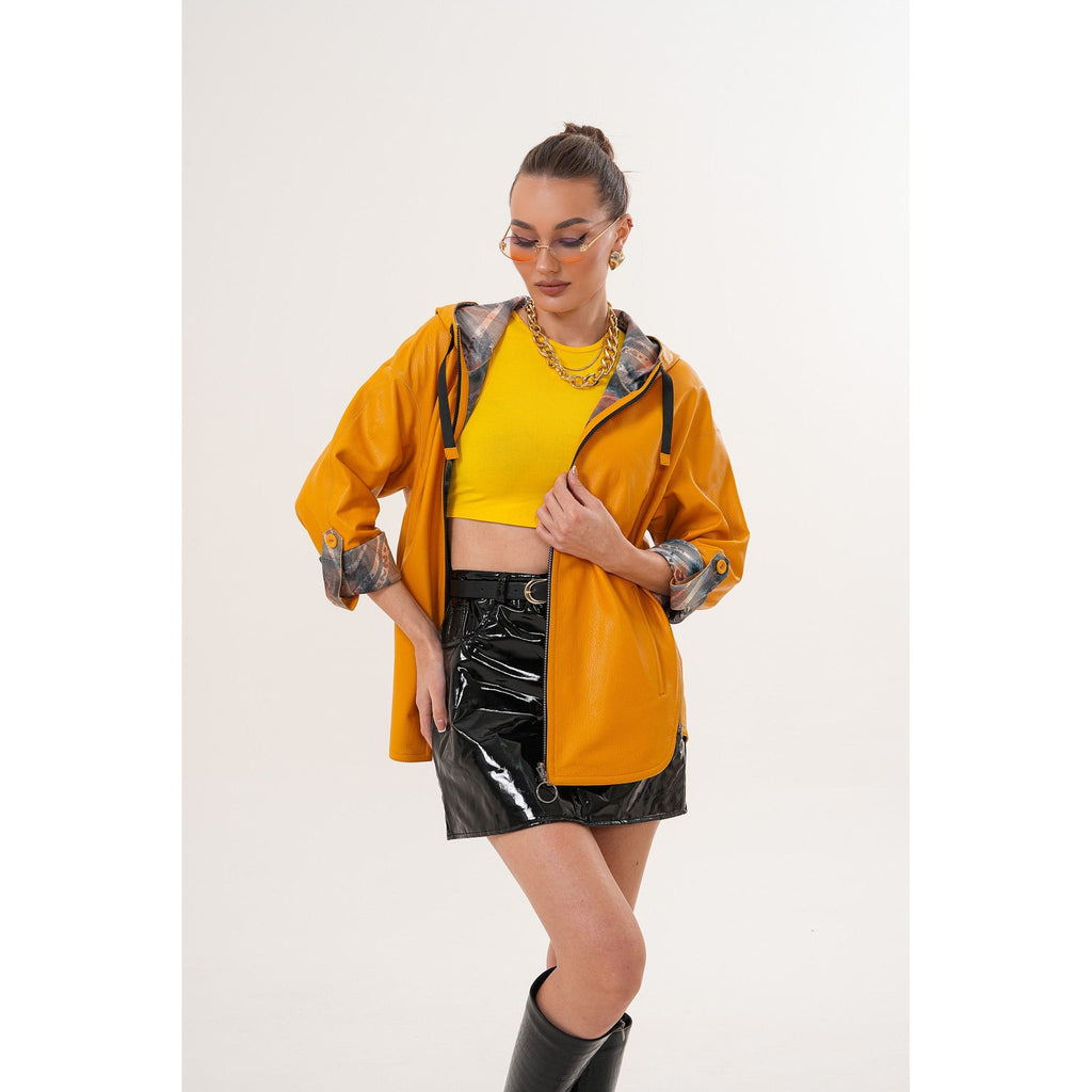 The Nyxara Reversible Hooded Mustard Yellow Leather Jacket