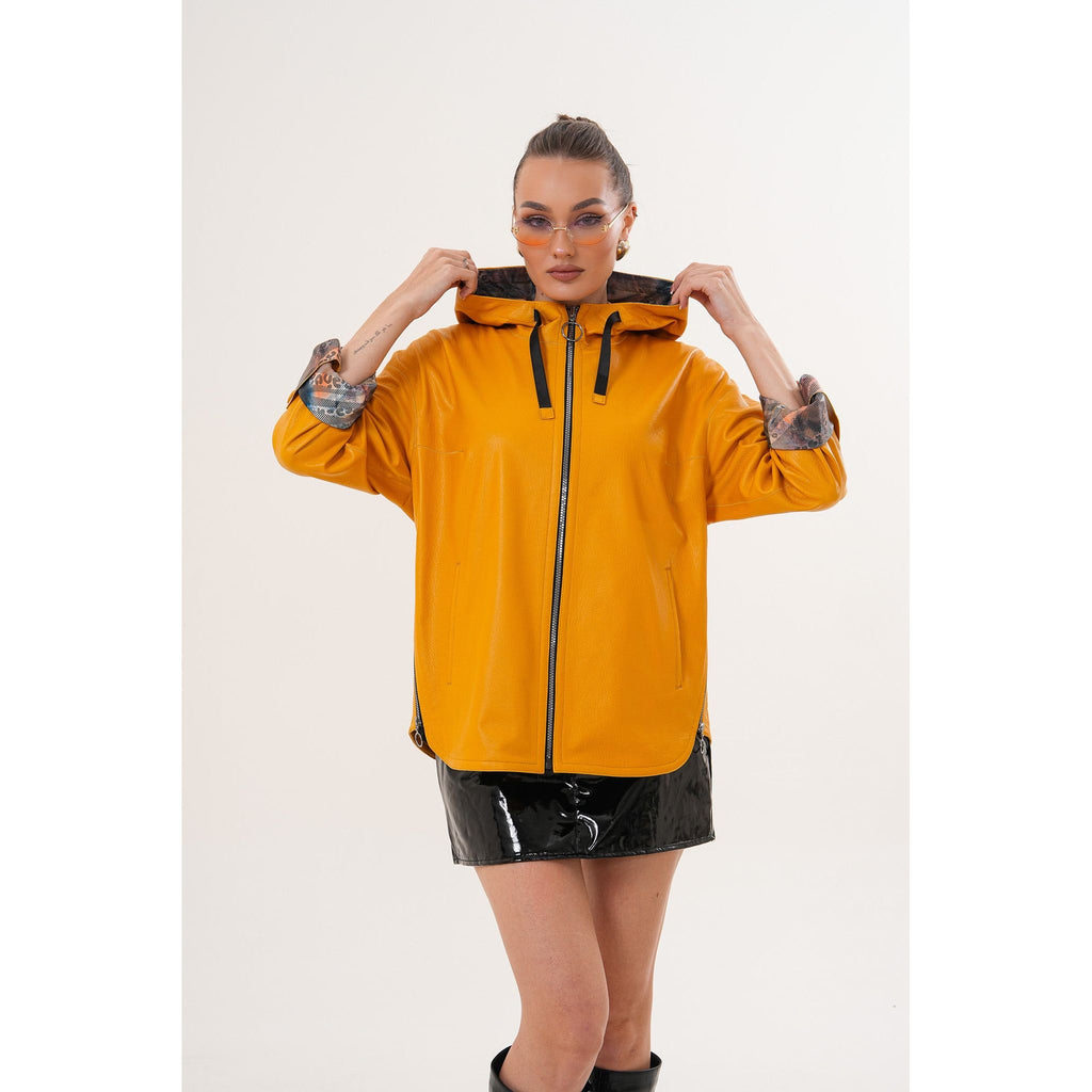 The Nyxara Reversible Hooded Mustard Yellow Leather Jacket