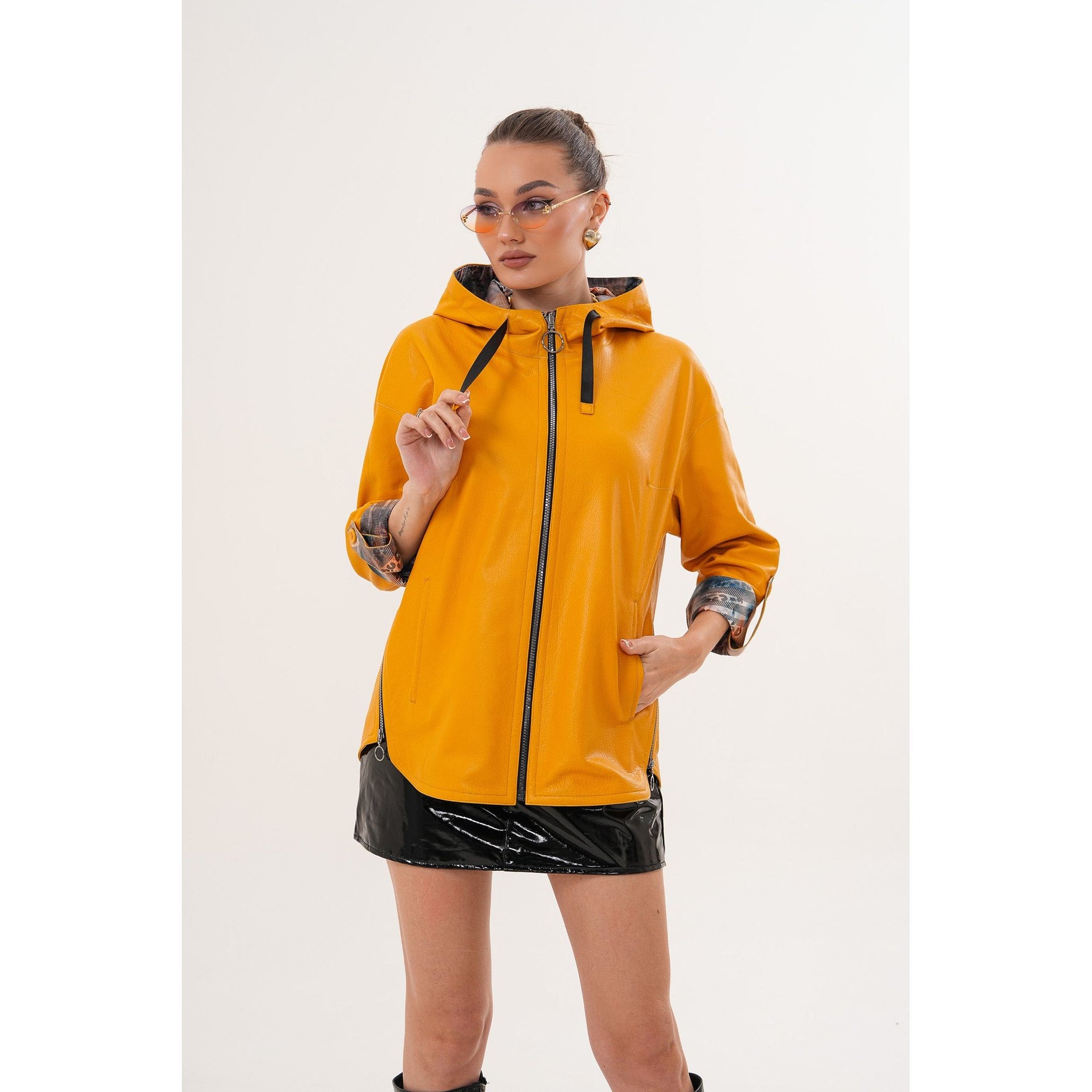 The Nyxara Reversible Hooded Mustard Yellow Leather Jacket