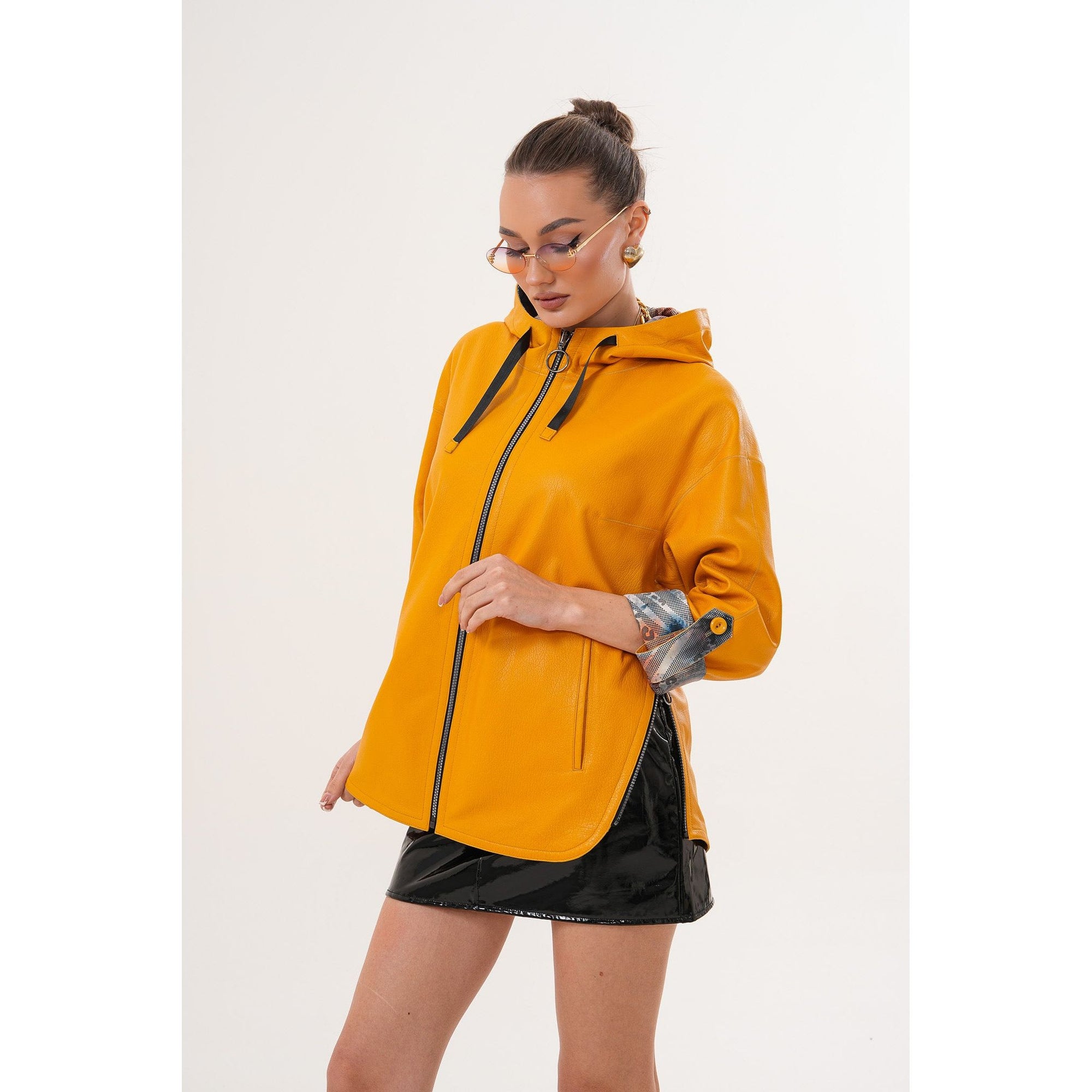 The Nyxara Reversible Hooded Mustard Yellow Leather Jacket