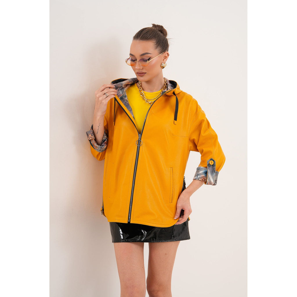 The Nyxara Reversible Hooded Mustard Yellow Leather Jacket