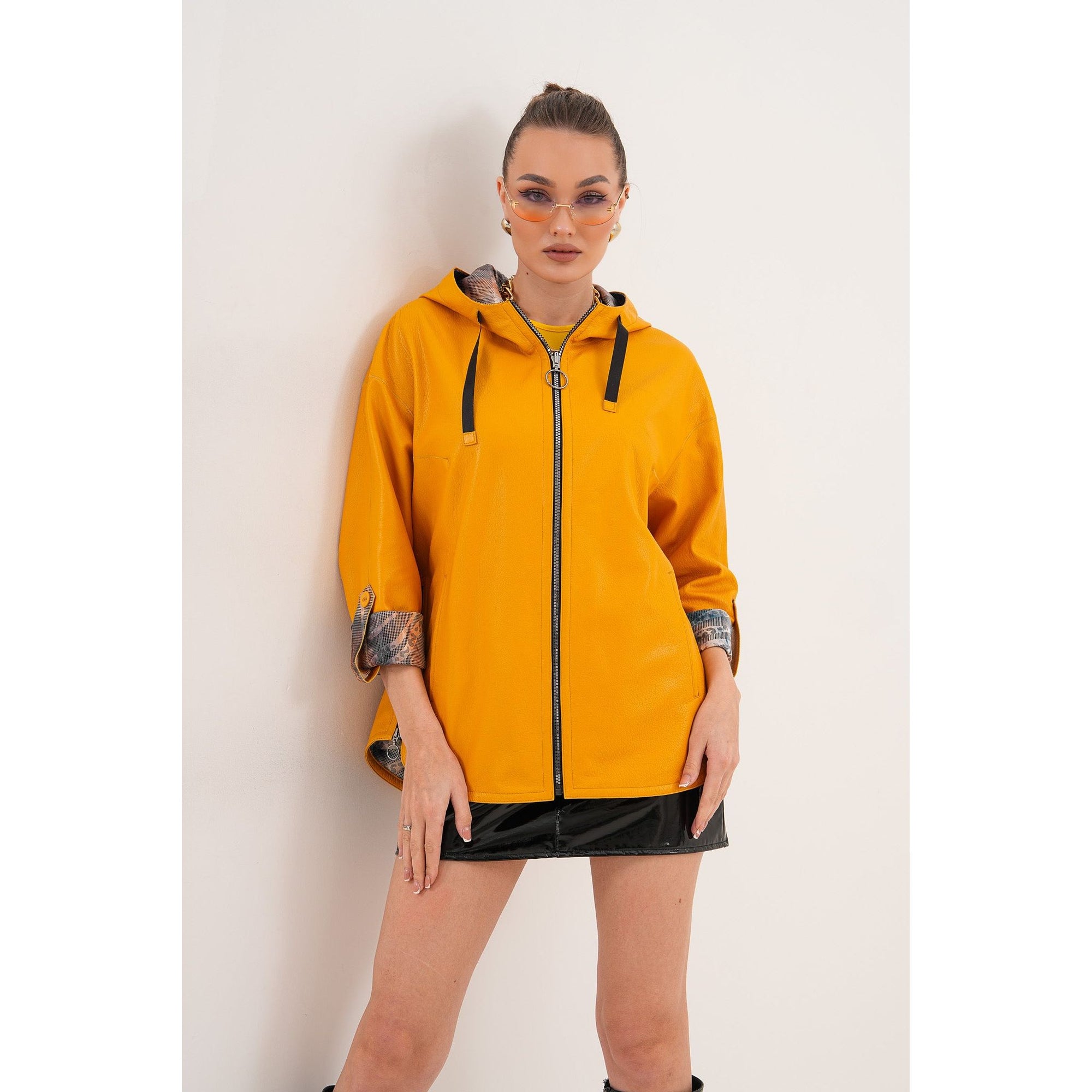 The Nyxara Reversible Hooded Mustard Yellow Leather Jacket