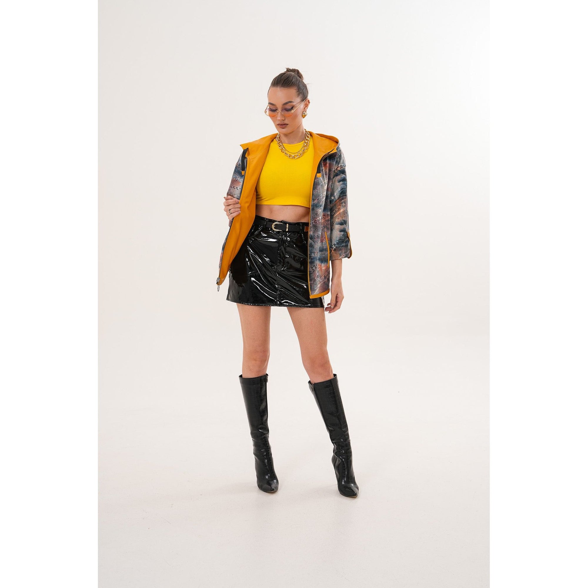 The Nyxara Reversible Hooded Mustard Yellow Leather Jacket