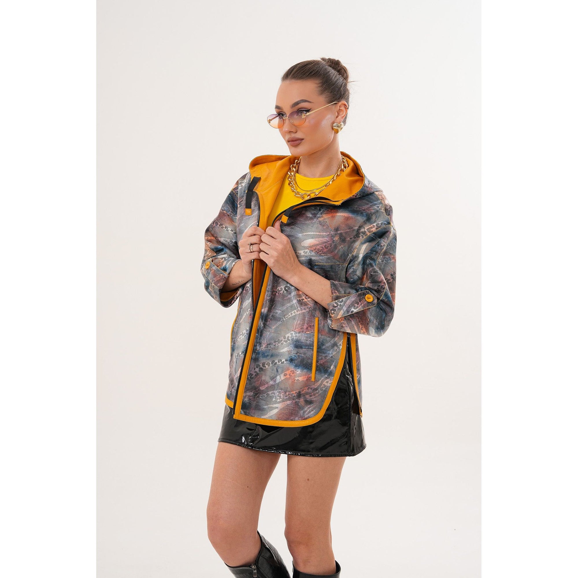 The Nyxara Reversible Hooded Mustard Yellow Leather Jacket