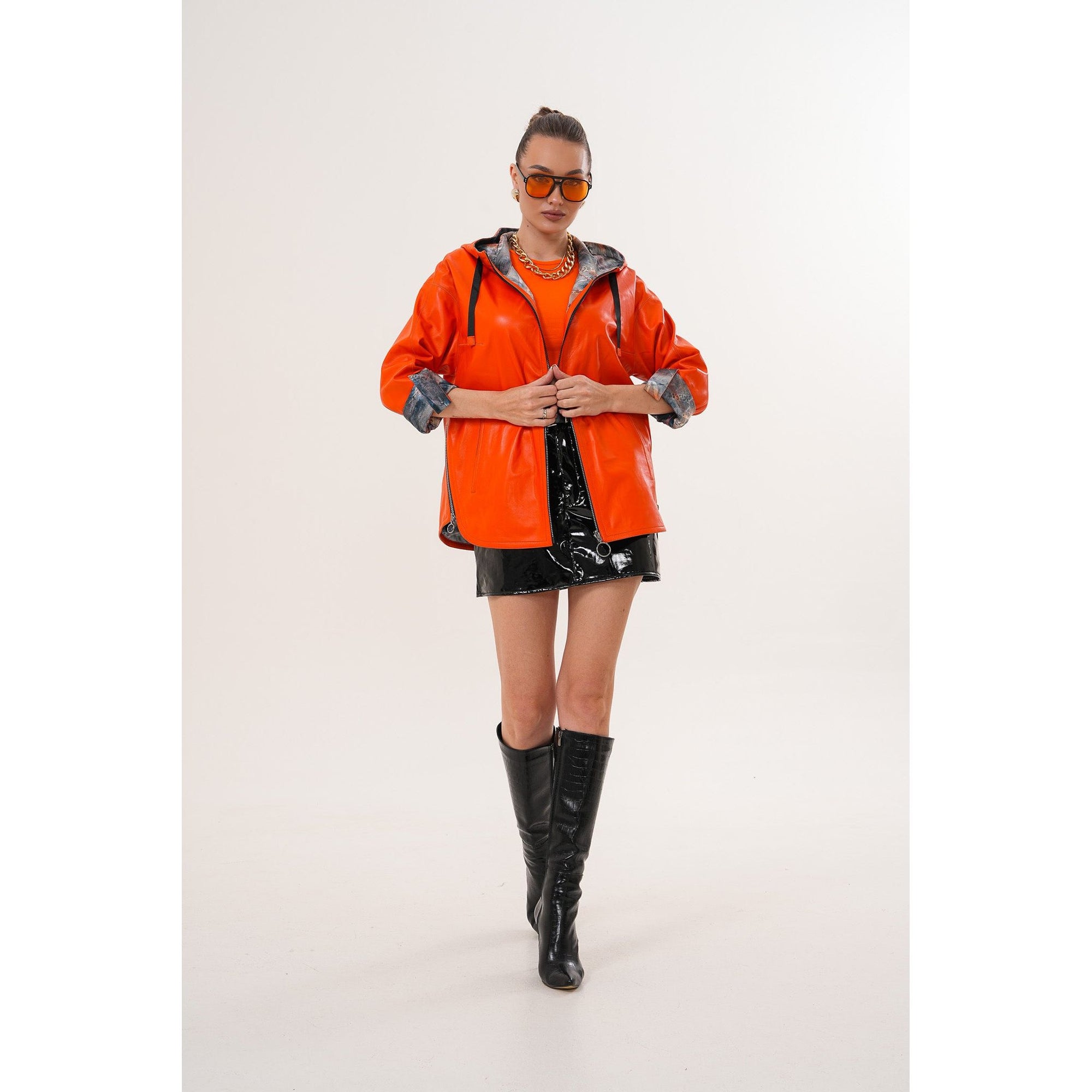 The Nyxara Reversible Hooded Orange Leather Jacket